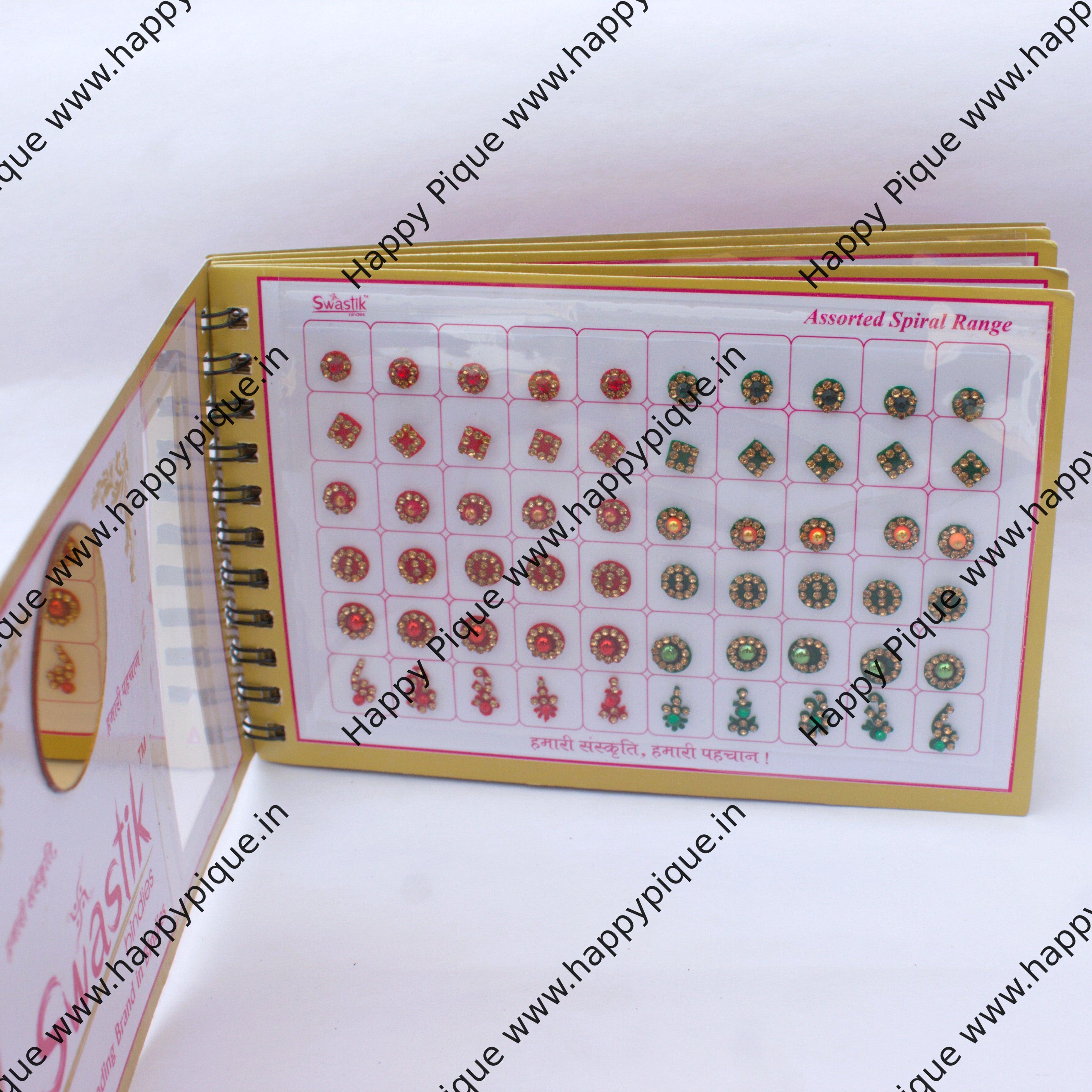 Round Multicolour Stone Border Mix Fancy Velvet Bridal Bindis Sticker Kumkum Spiral Book - A-5 2 in 1 - Swastik