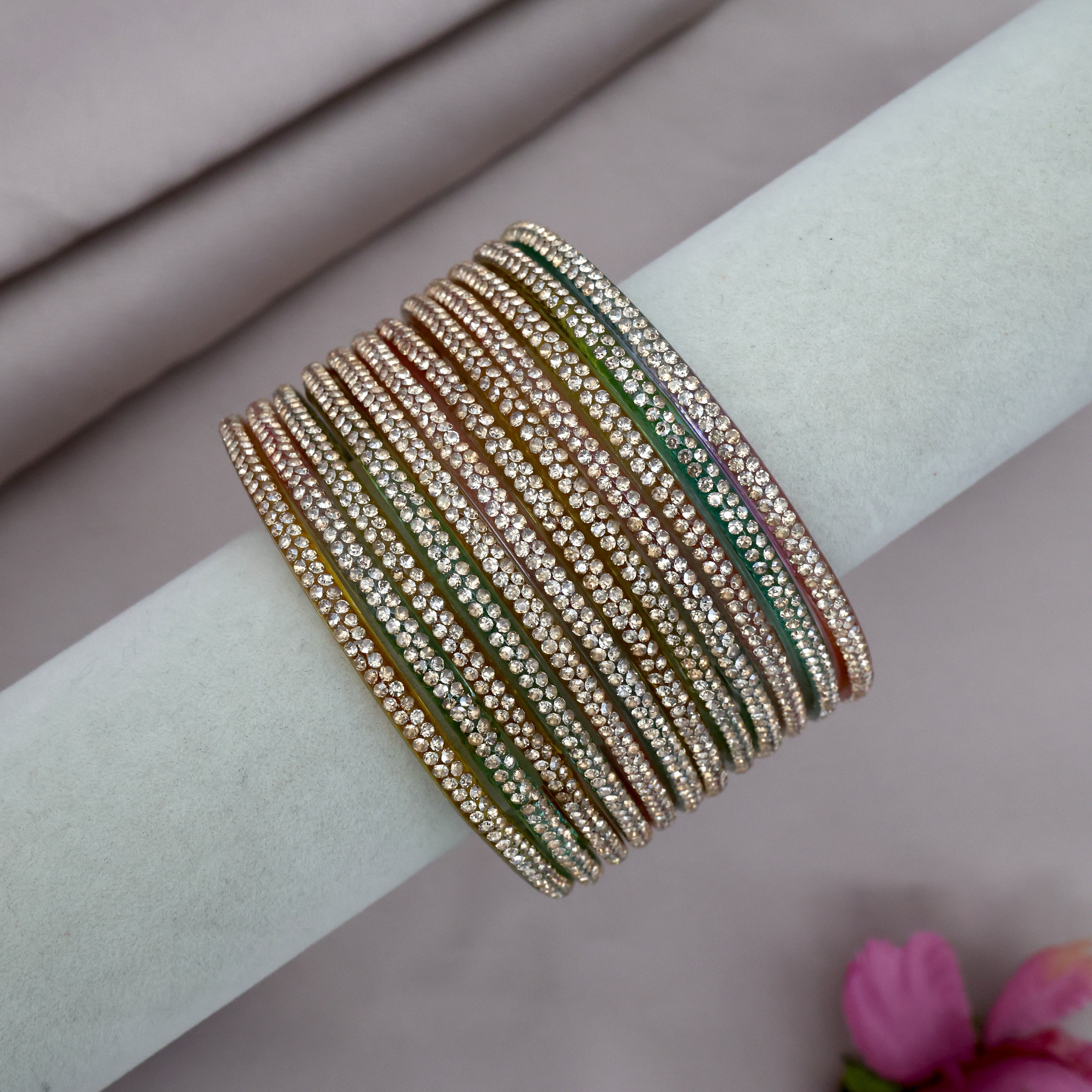 Premium Festive Stone Work Glass Bangles - One Dozen