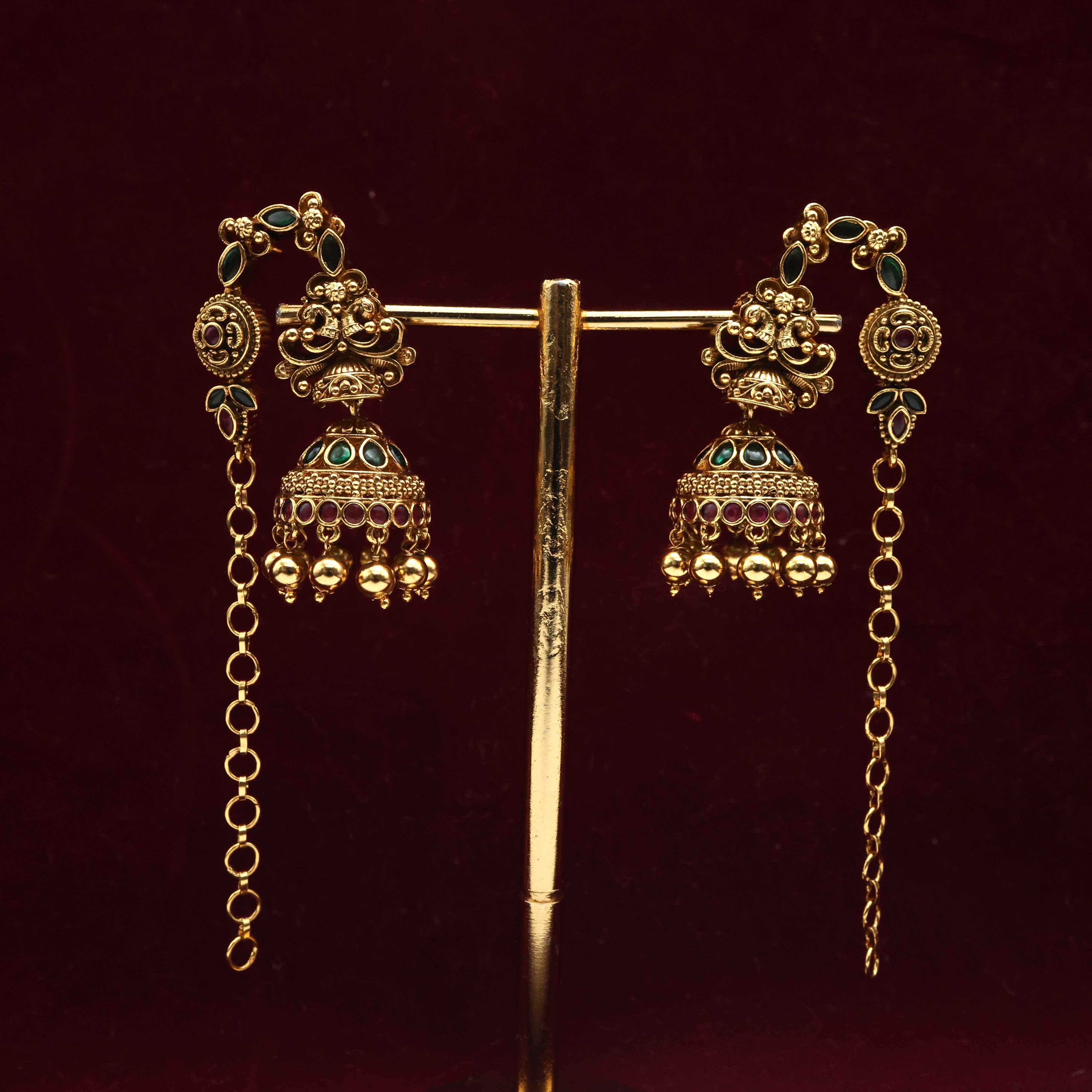 Antique Nagas Rettapakshi Kemp Bridal Jhumkas With Maatal/Ear Chain