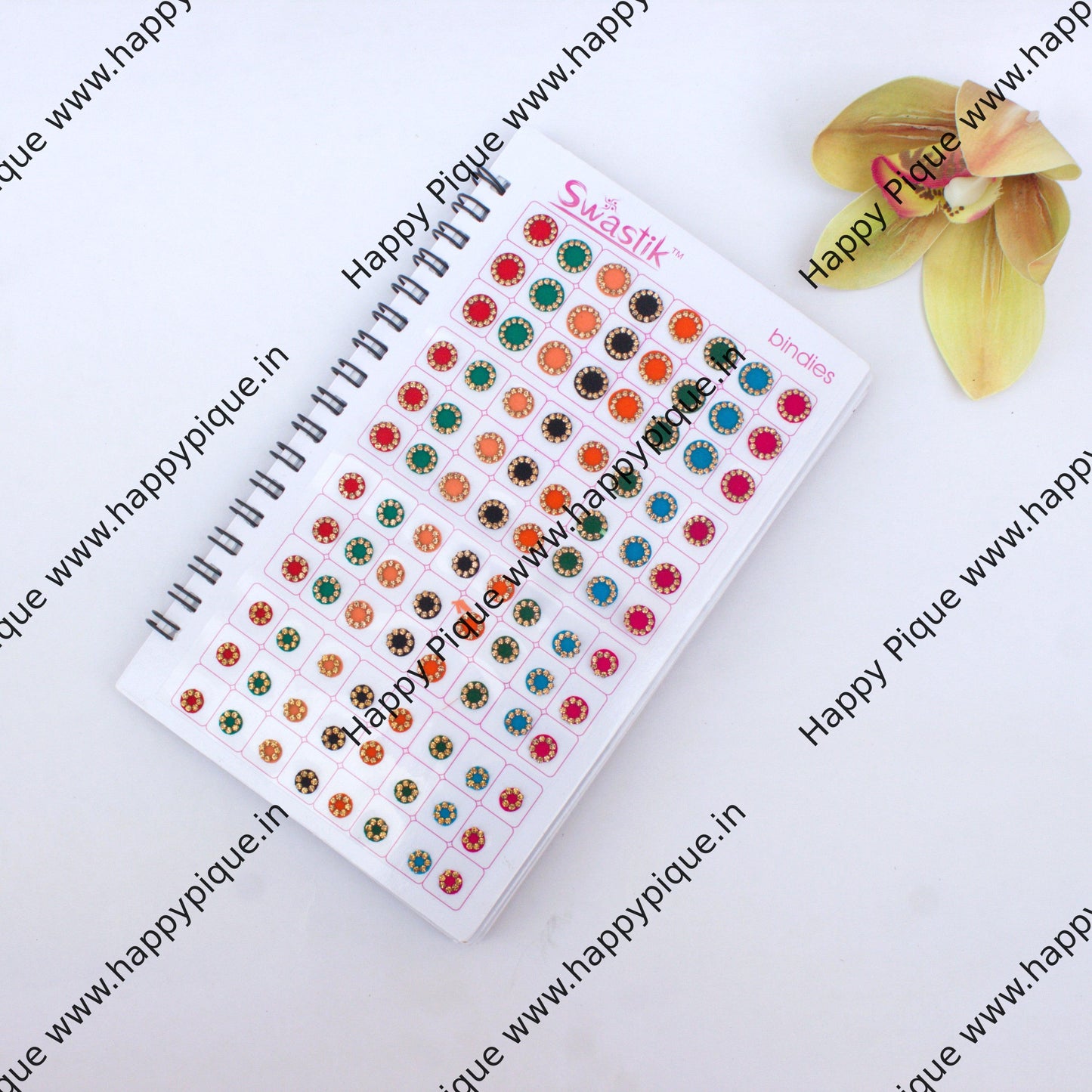 Round Multicolour Stone Border & Plain Fancy Velvet Bridal Bindis Sticker Kumkum Spiral Book - Swastik