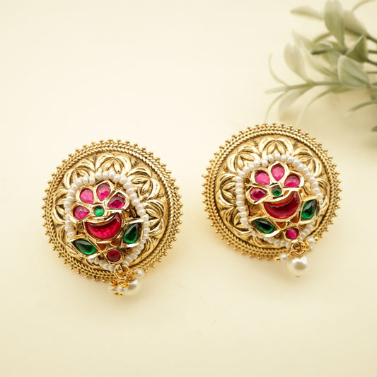 Antique Nagas Big Flower Embossed Kundan Studs