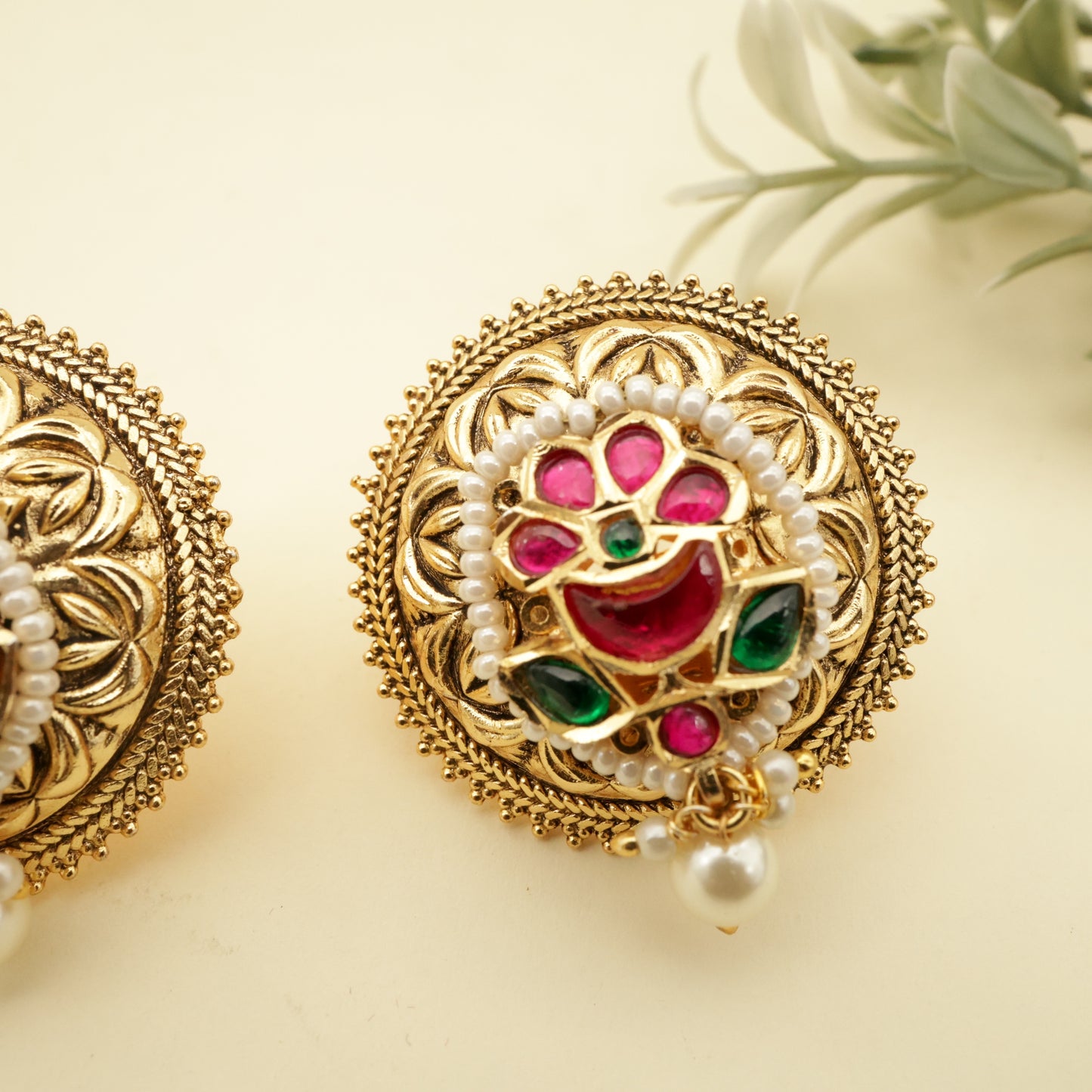 Antique Nagas Big Flower Embossed Kundan Studs