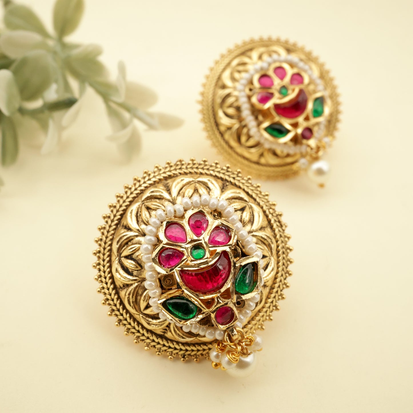 Antique Nagas Big Flower Embossed Kundan Studs