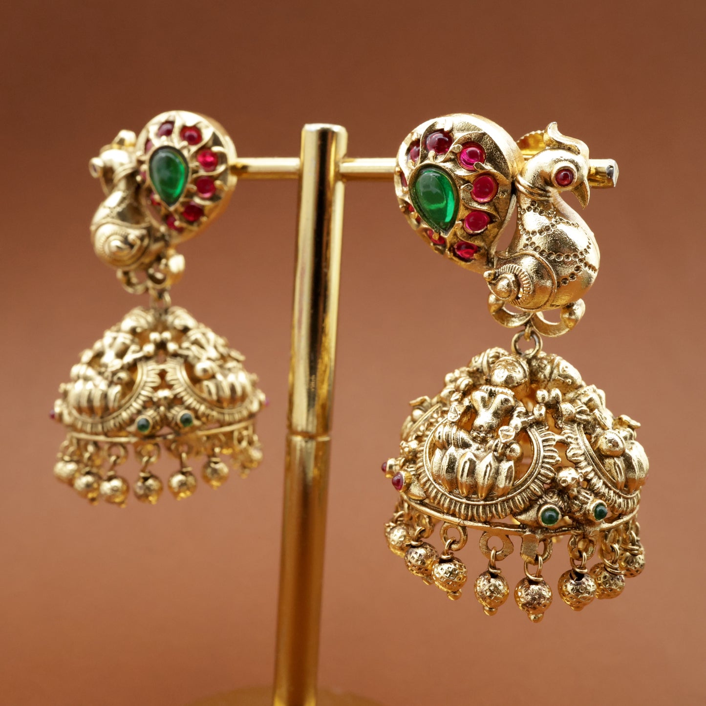 Antique Gold Nagas Peacock Kemp Bridal Jhumkas