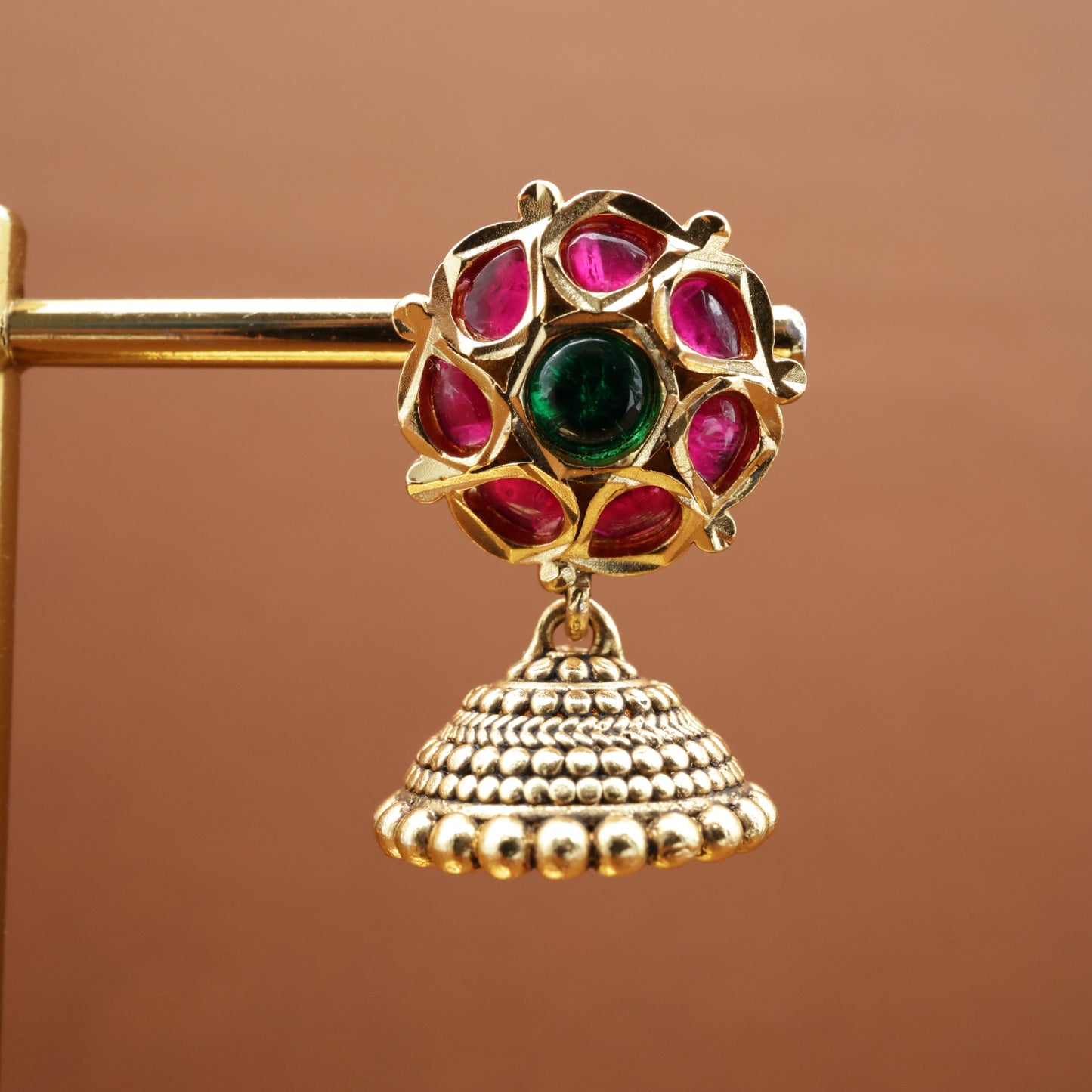 Antique Gold Jadau Kundan Cute Small Jhumkas - Ruby & Green