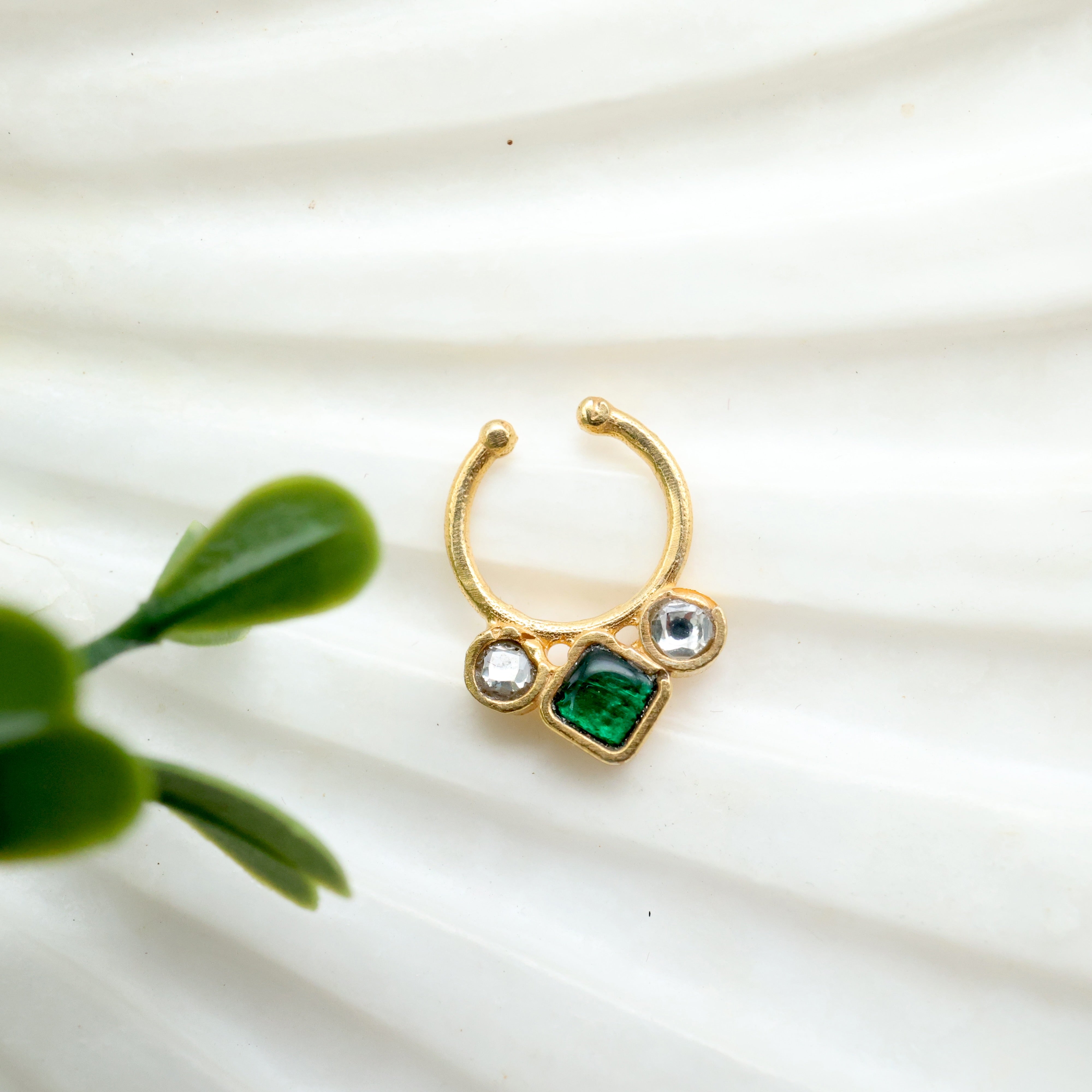 Antique Gold Dot Diamond Septum Nose Ring (White & Green) - No Piercing Needed