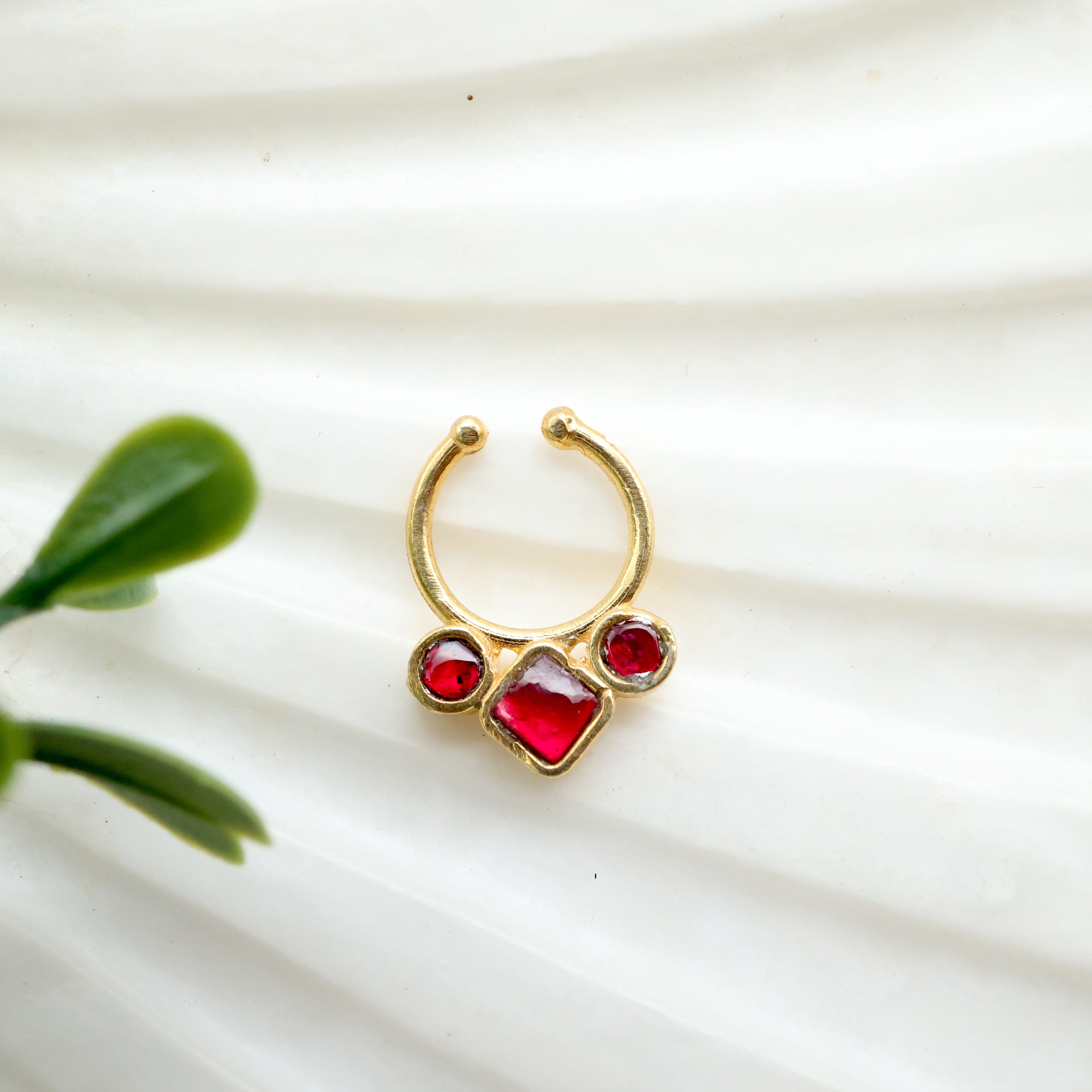 Antique Gold Drops Diamond Septum Nose Ring (Ruby) - No Piercing Needed