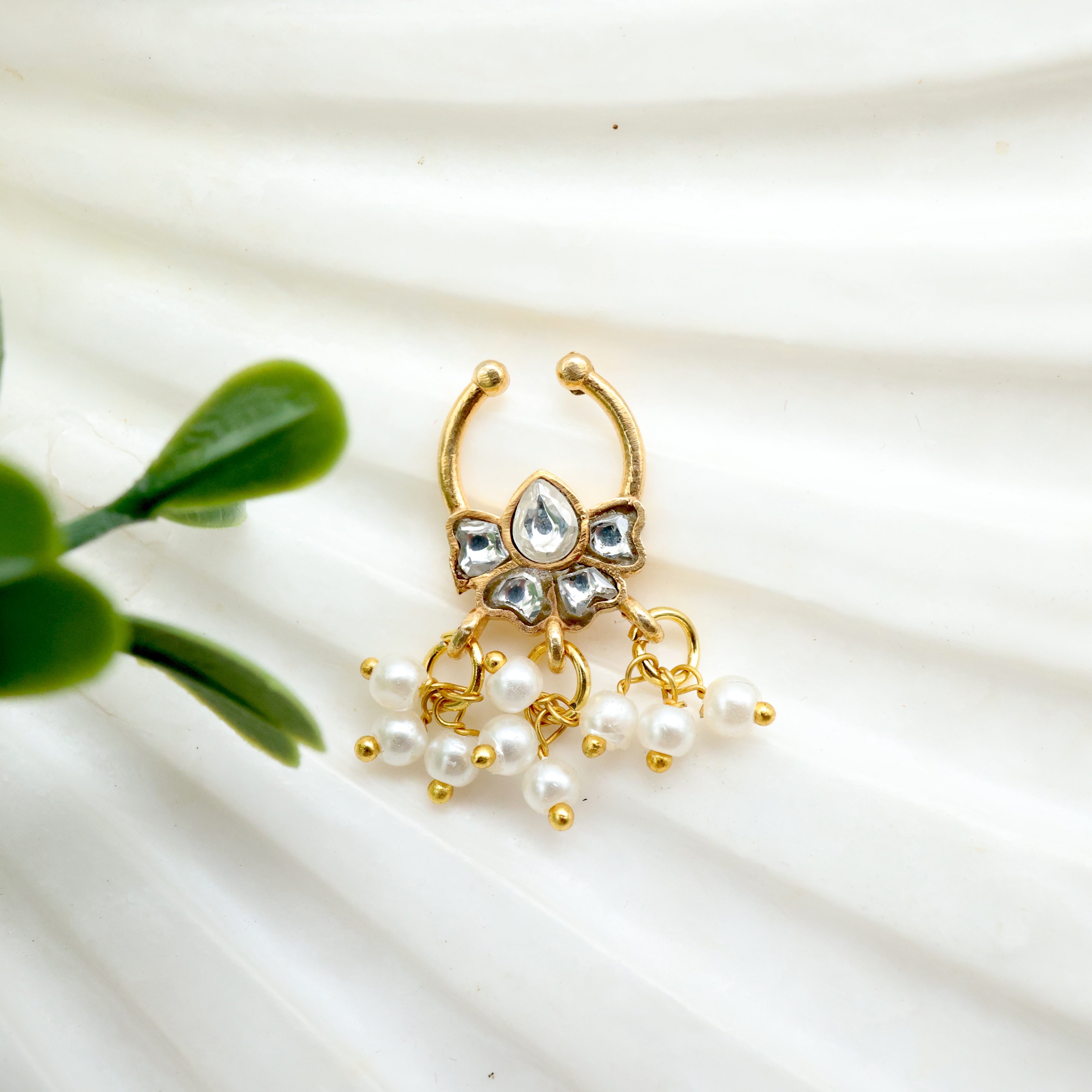 Antique Gold Half Flower Septum Nose Ring (White) - No Piercing Needed