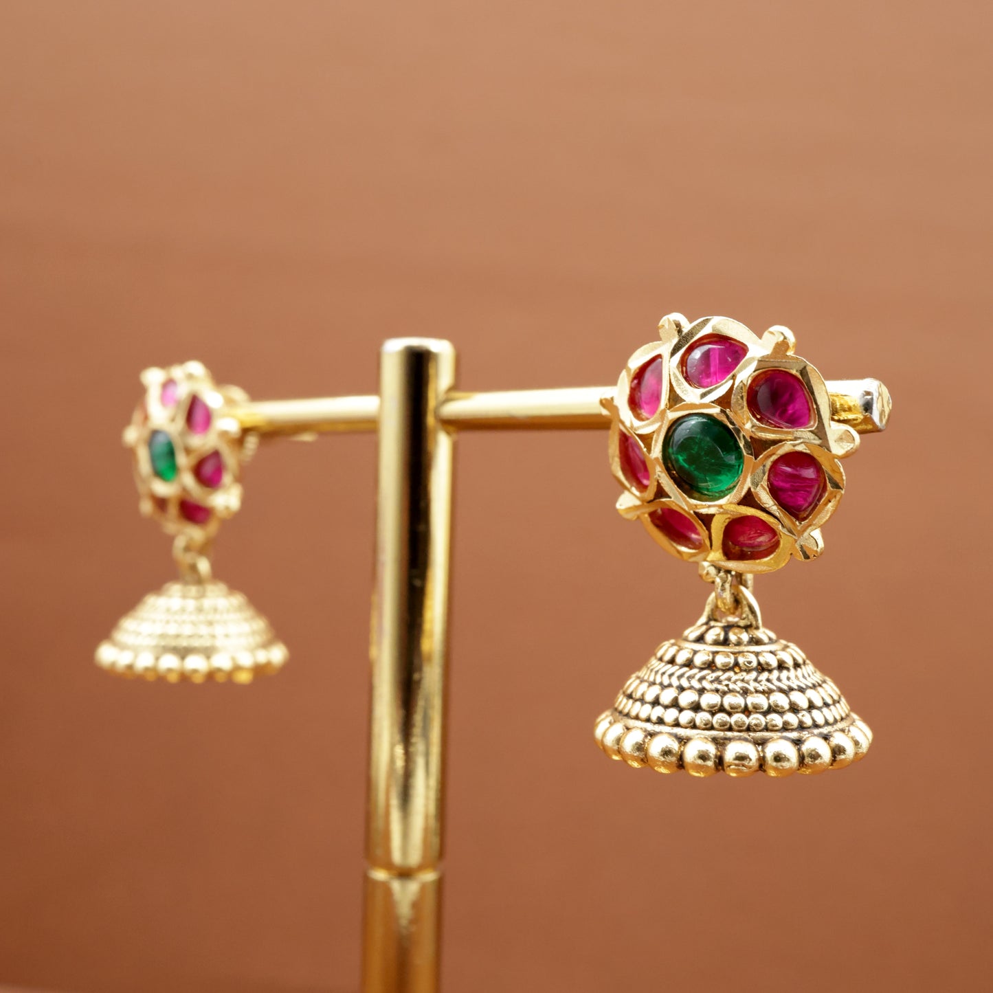 Antique Gold Jadau Kundan Cute Small Jhumkas - Ruby & Green