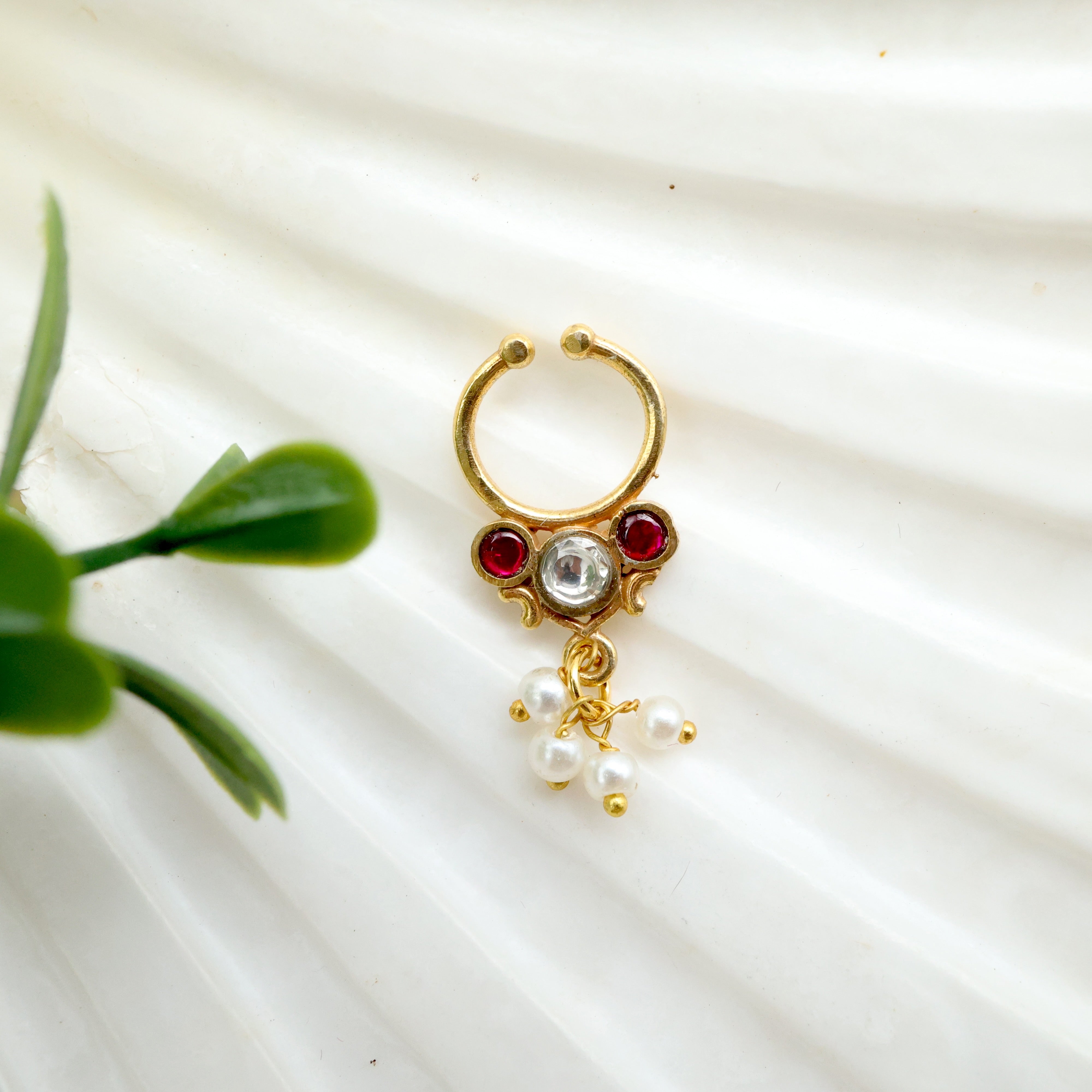 JADAU KUNDAN TRADITIONAL 3 DOTS SEPTUM NOSE RING (RUBY & WHITE) - NO PIERCING NEEDED