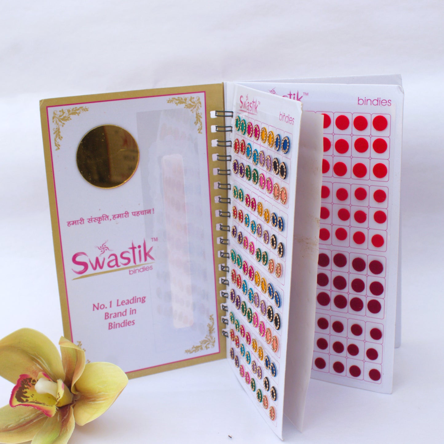 All in One Round Multicolour Mix Fancy Velvet Bridal Bindis Sticker Kumkum Spiral Book - Regular Size - Swastik