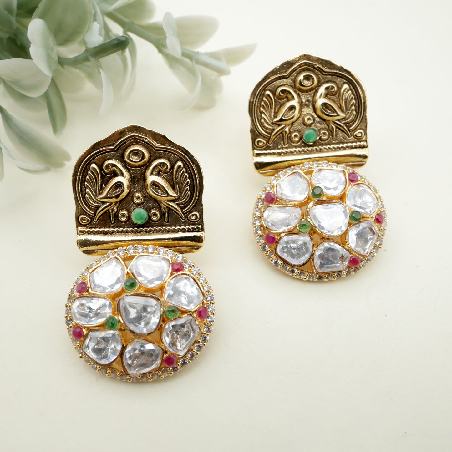 Antique Gold Peacock Moissanite Stud earrings