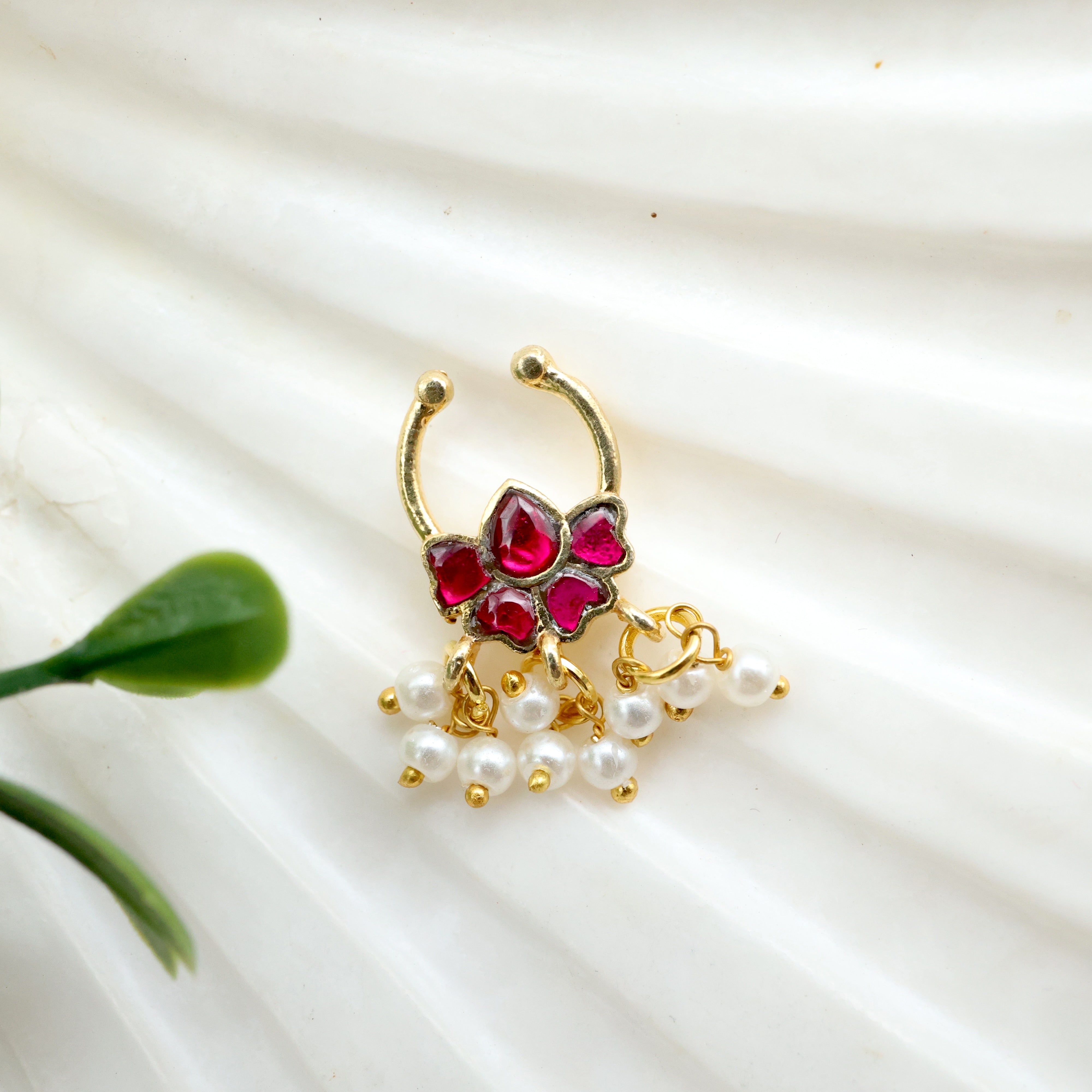Jadau Kundan Half Flower Septum Nose Ring (Ruby) - No Piercing Needed