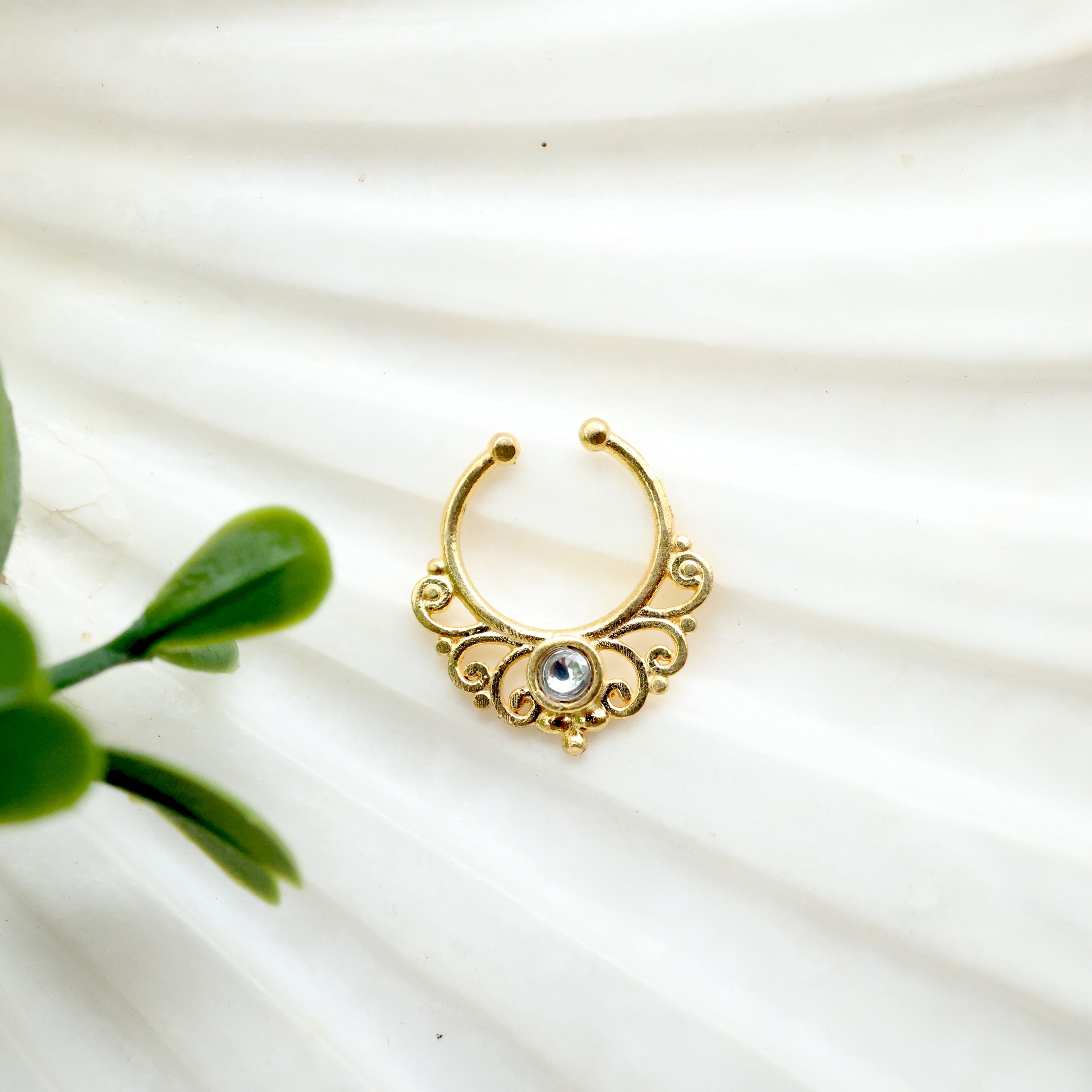 Jadau Kundan Gold Flower Septum Nose Ring - No Piercing Needed