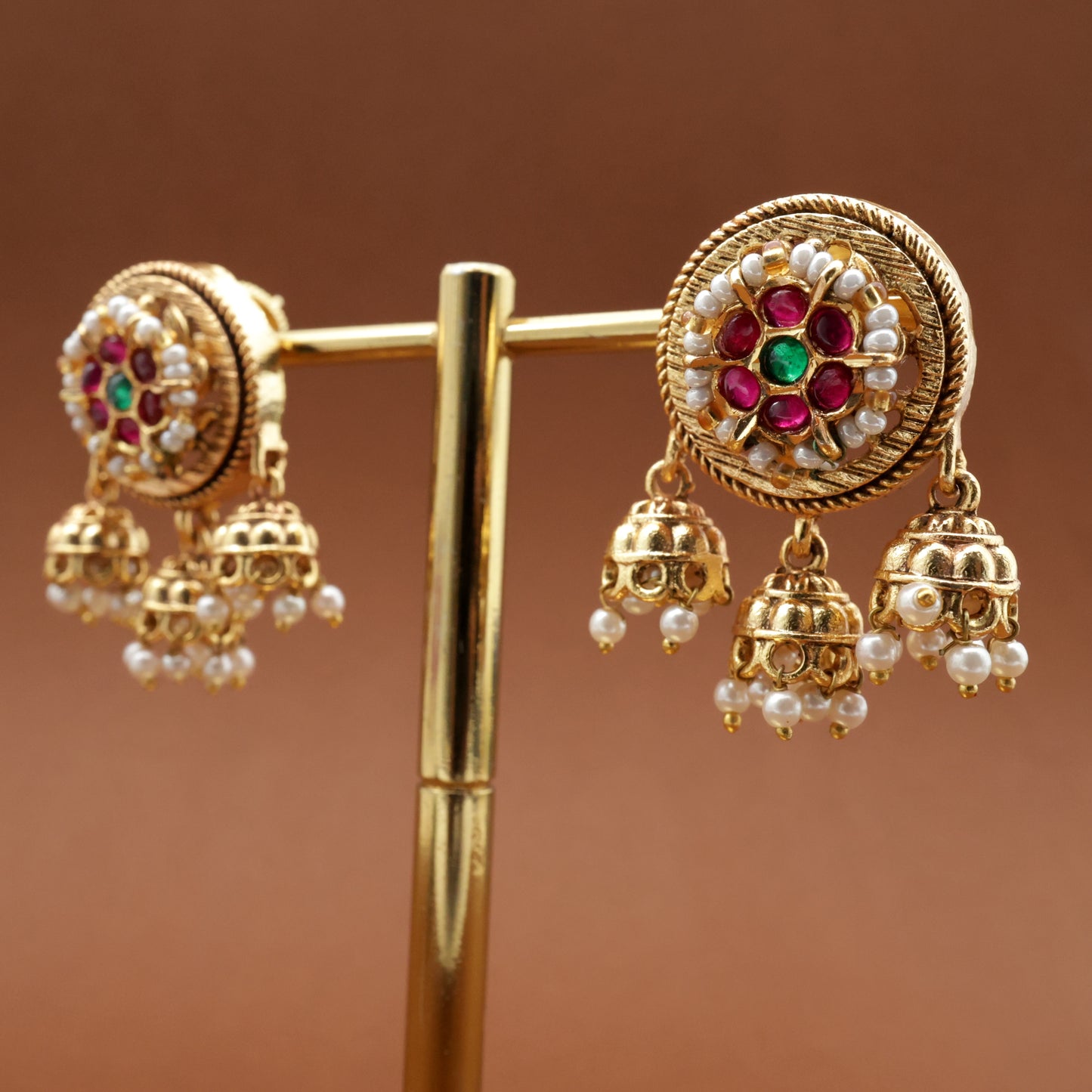 Antique Gold Nagas Jadau Kundan Pearl Outline Round Jhumki Studs