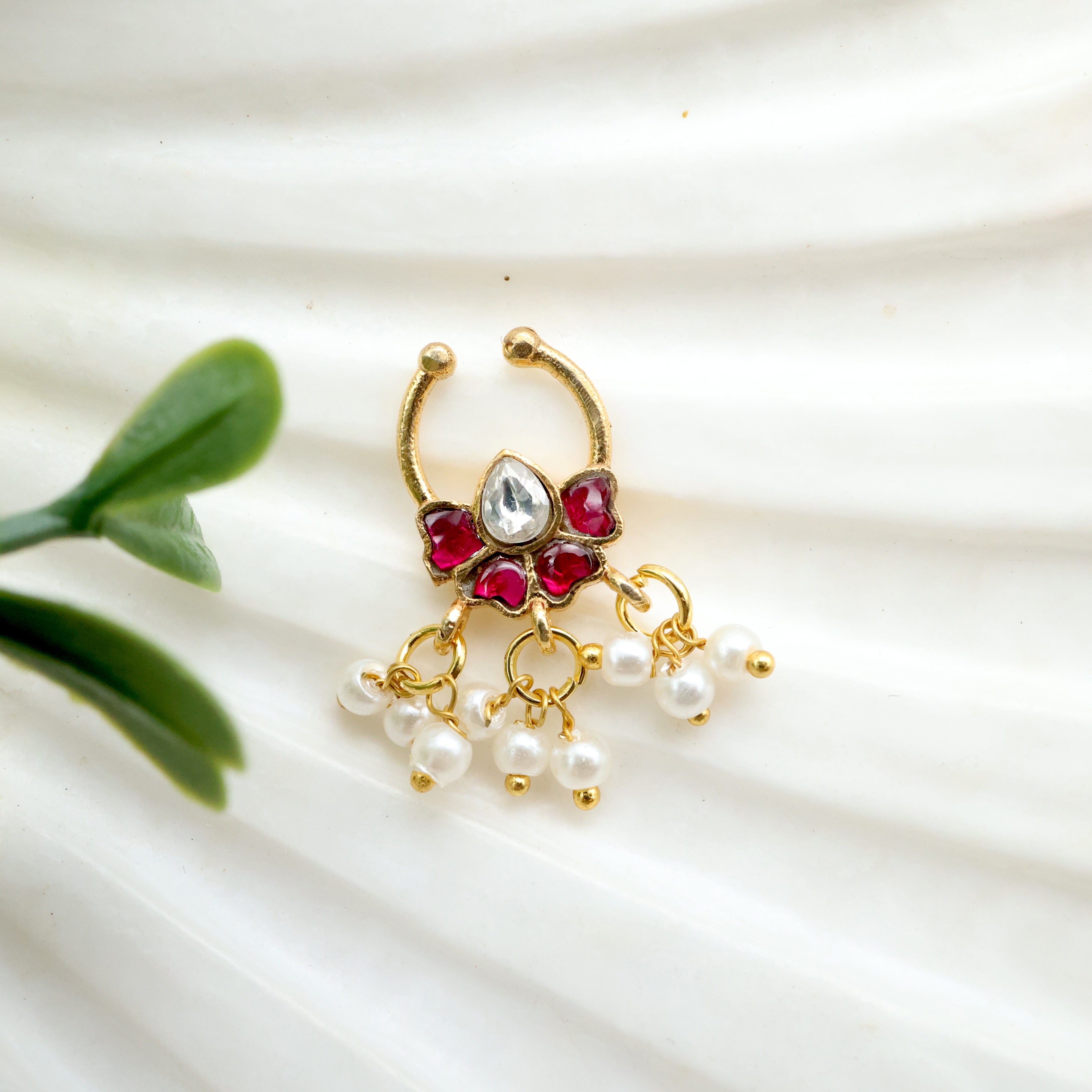 Jadau Kundan Half Flower Septum Nose Ring - No Piercing Needed