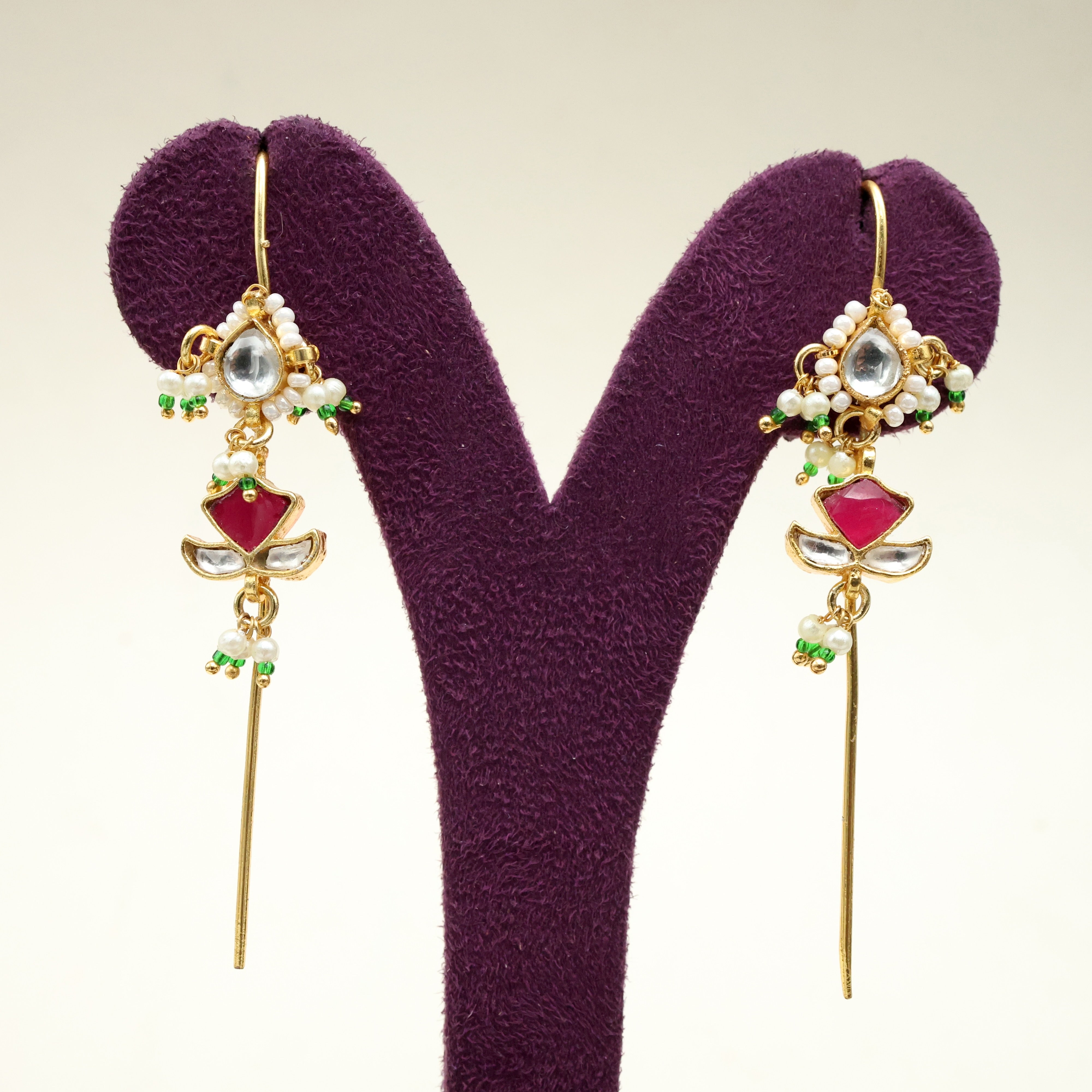 Premium Pachi Kundan Flower Bud Needle Earcuff Earrings - White & Ruby