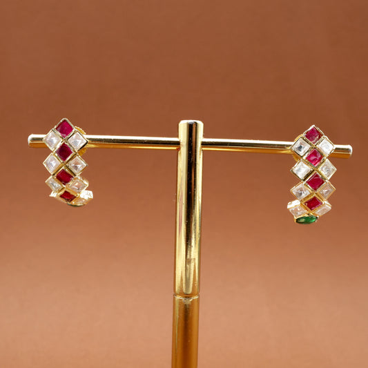 Real Gold Tone Weave Pattern Jadau Kundan Stud Earrings