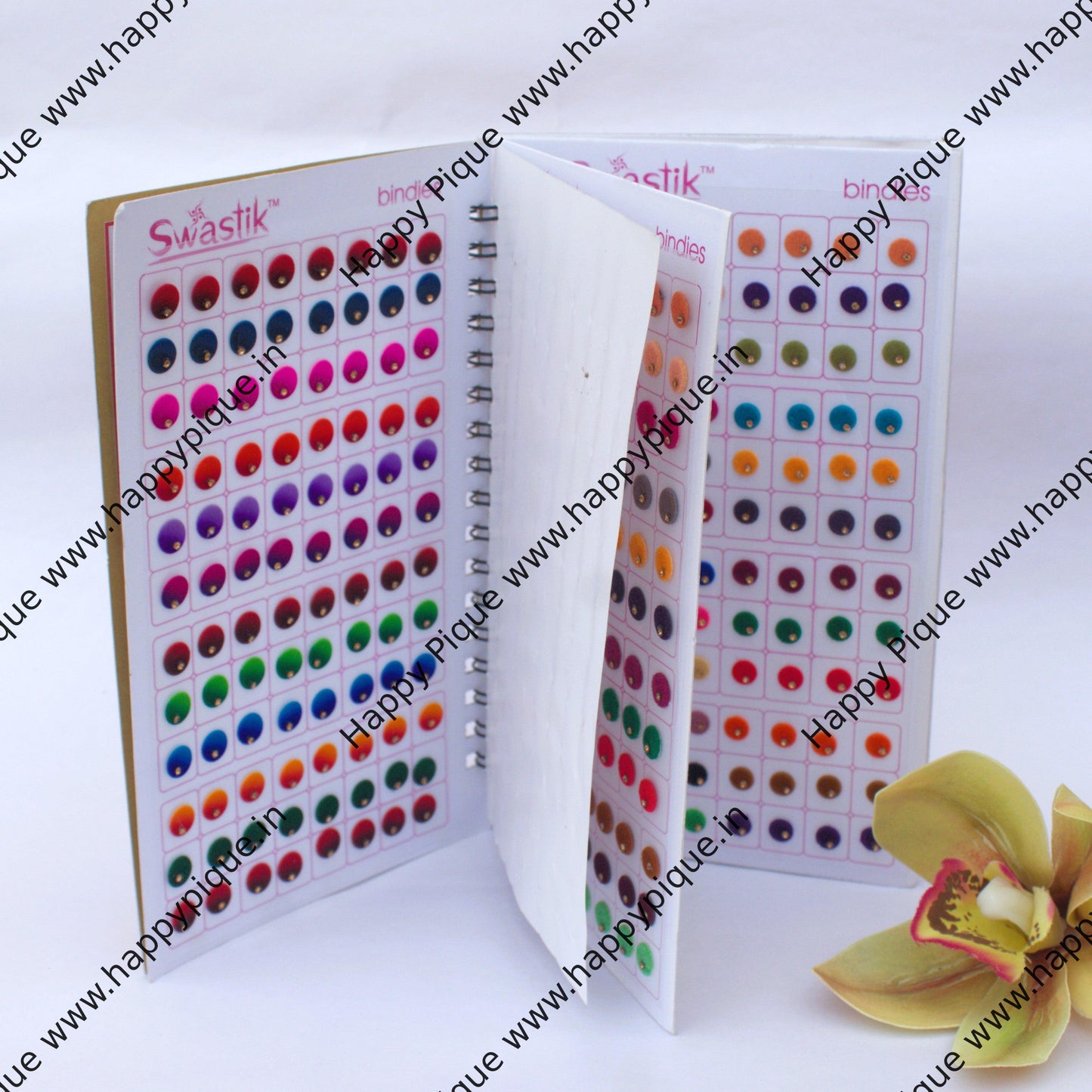 Round Multicolour Single Stone Fancy Velvet Bridal Bindis Sticker Kumkum Spiral Book - Regular Sizes - Swastik