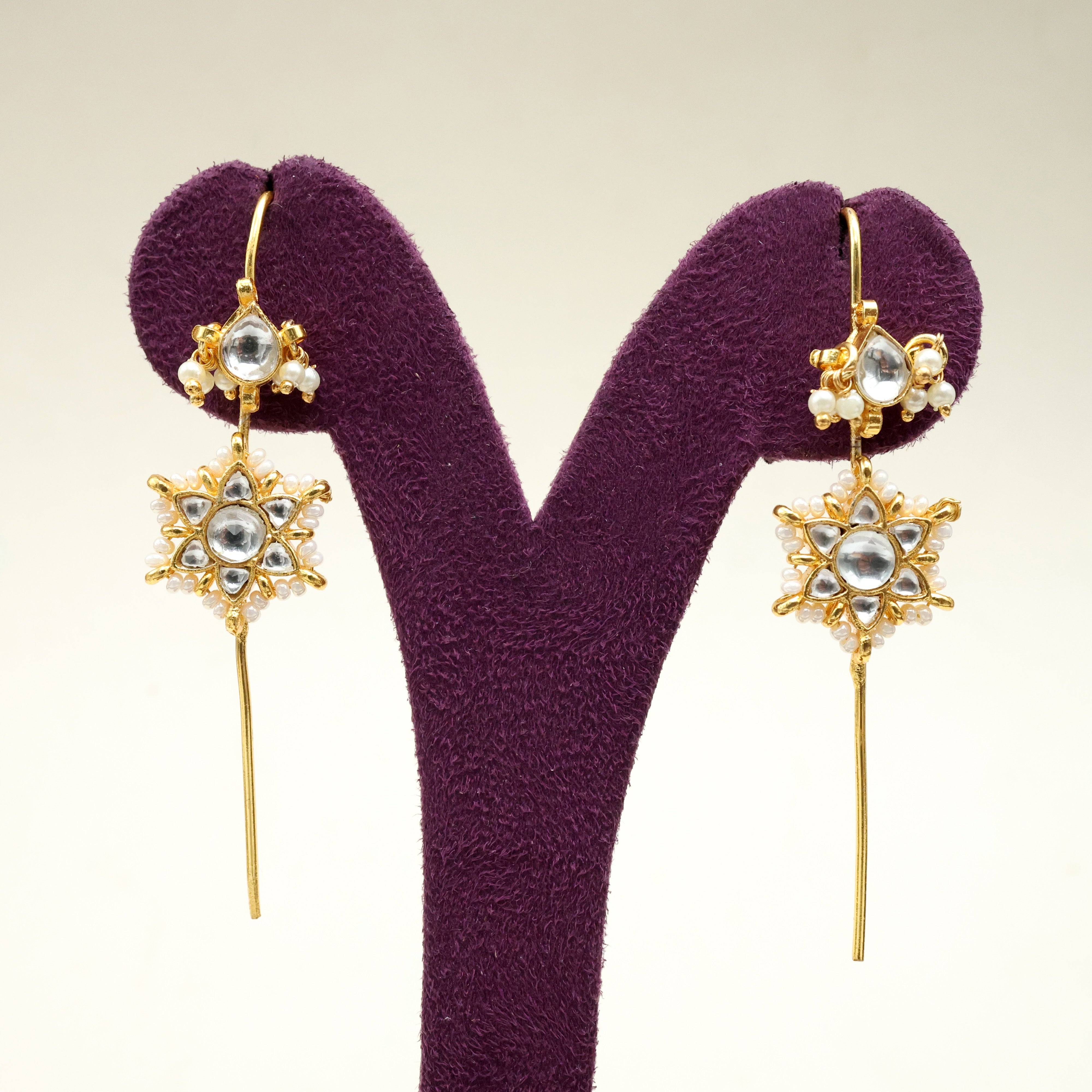 Premium Pachi Kundan Star Flower Bud Needle Earcuff Earrings - White