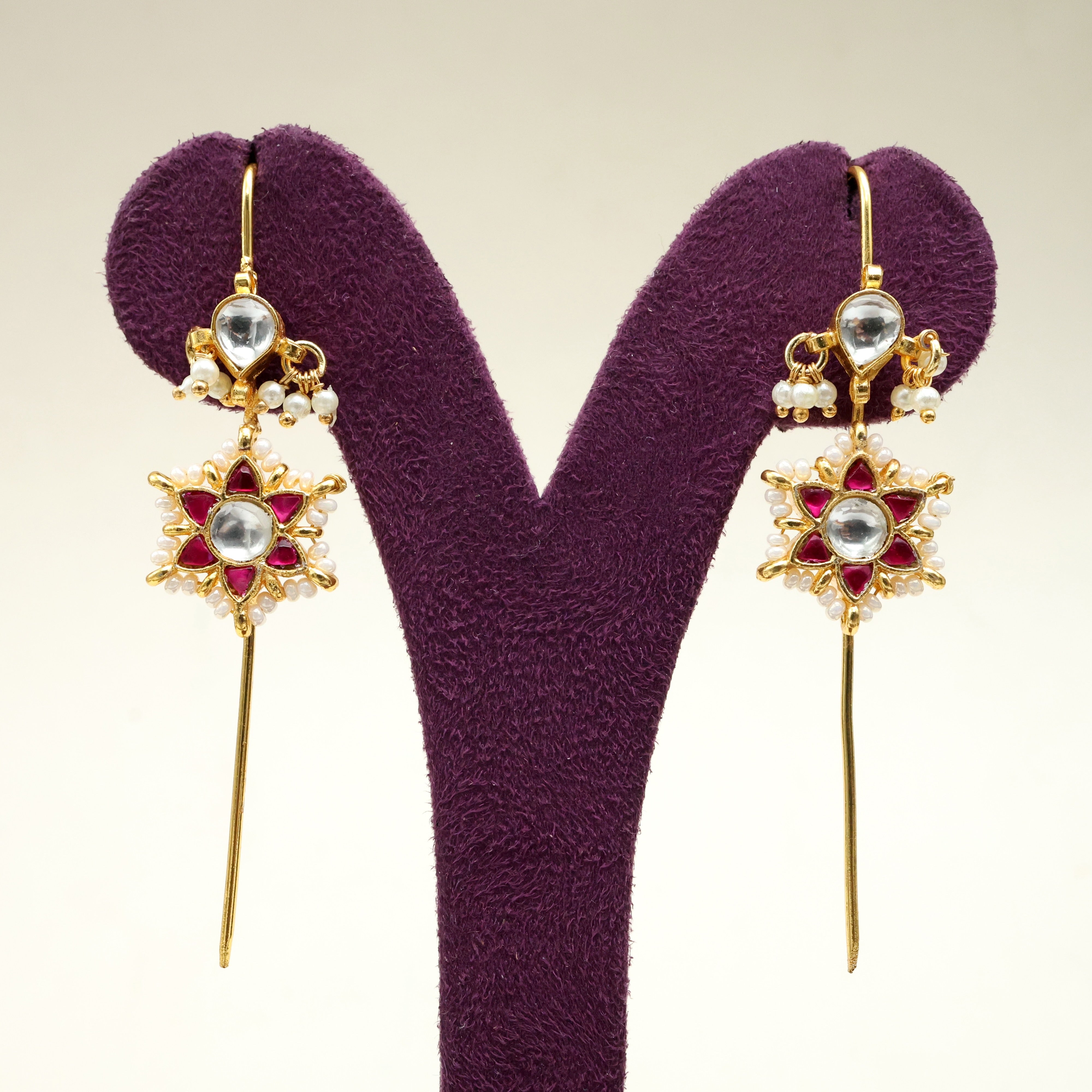 Premium Pachi Kundan Star Flower Bud Needle Earcuff Earrings - Ruby & White