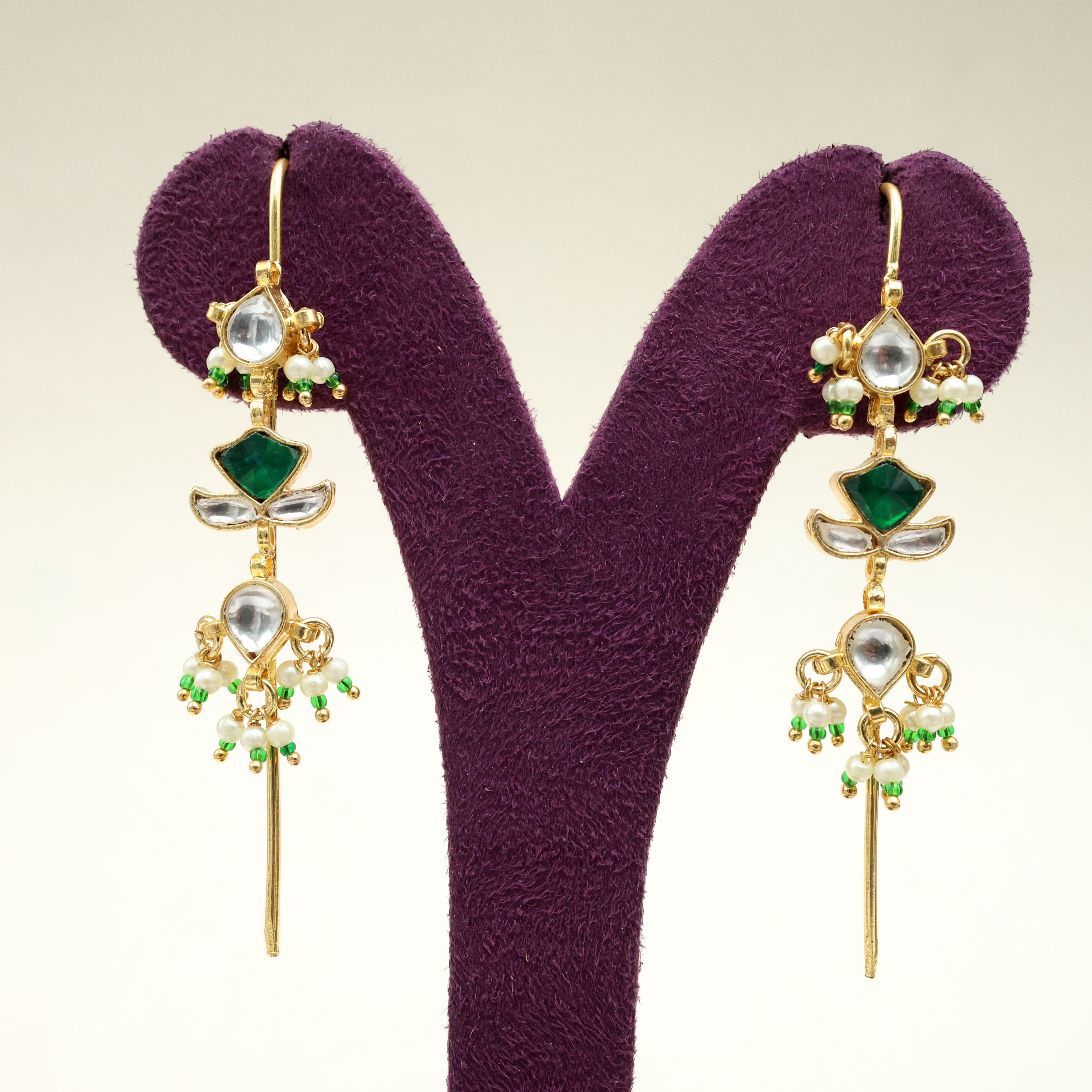 Premium Pachi Kunda Bud Flower Needle Earcuff Earrings - White & Green