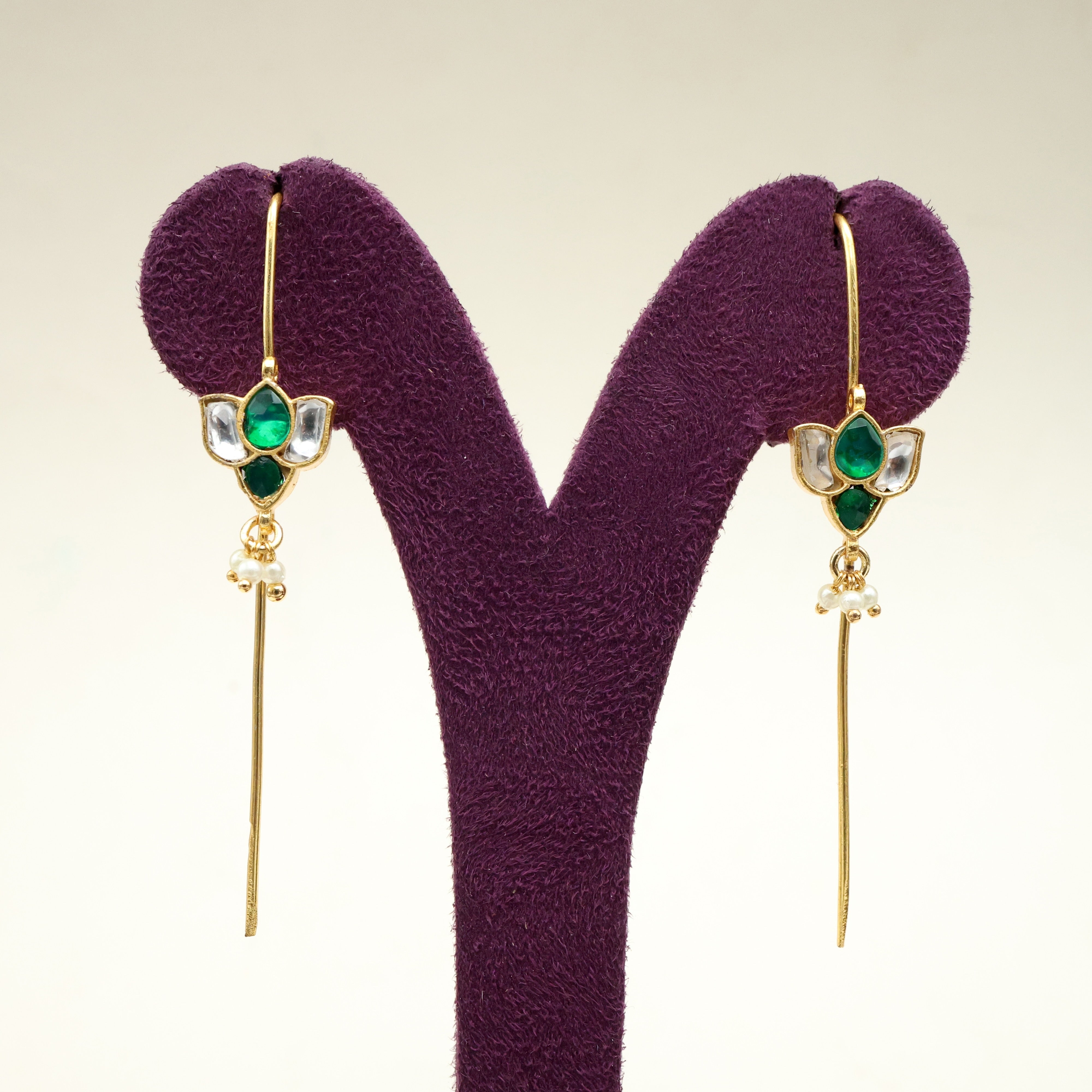 Premium Pachi Kundan Lotus Needle Earcuff Earrings - White & Green