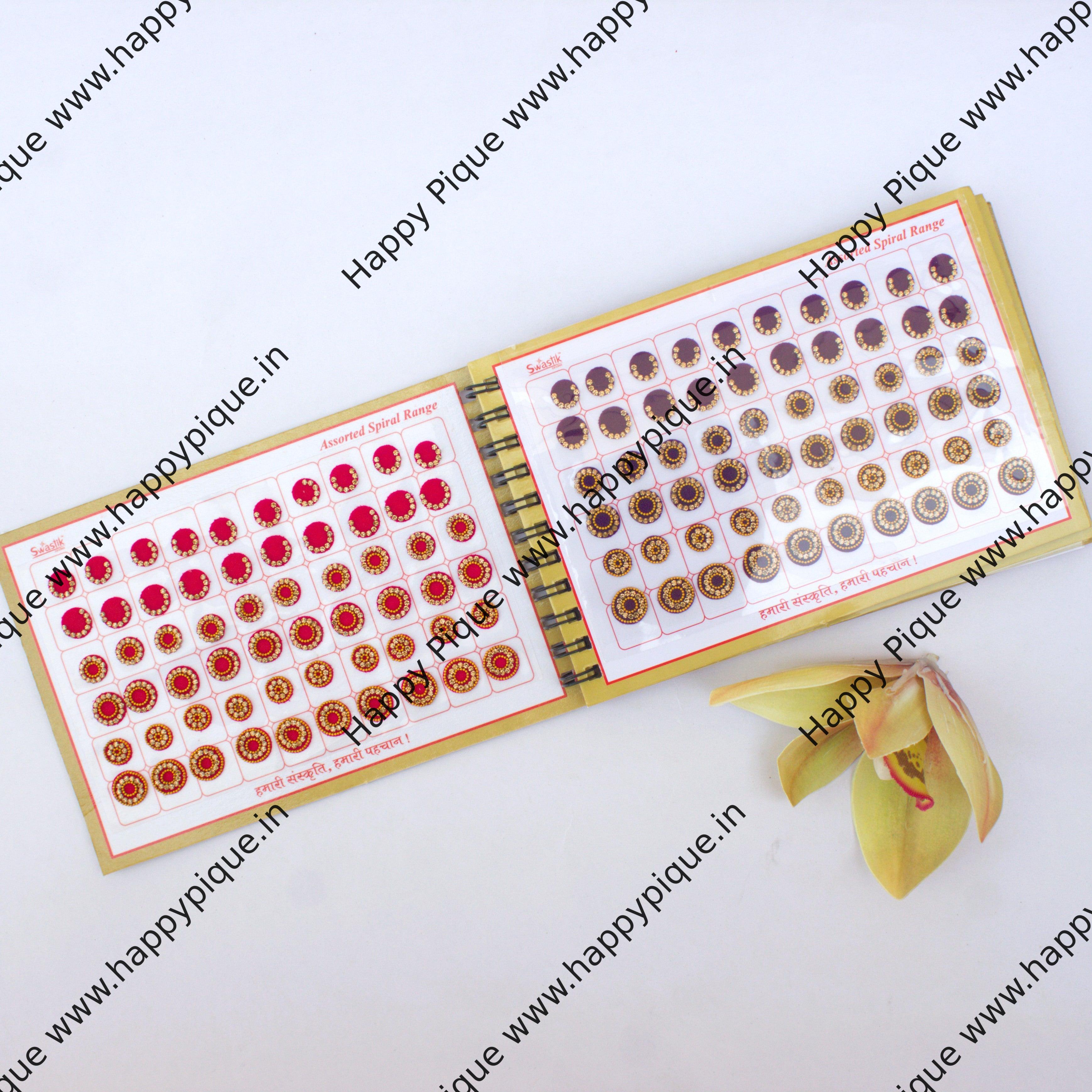 Round Multicolour Stone Border Fancy Velvet Bridal Bindis Sticker Kumkum Spiral Book - Regular Sizes - Swastik - ST 6001