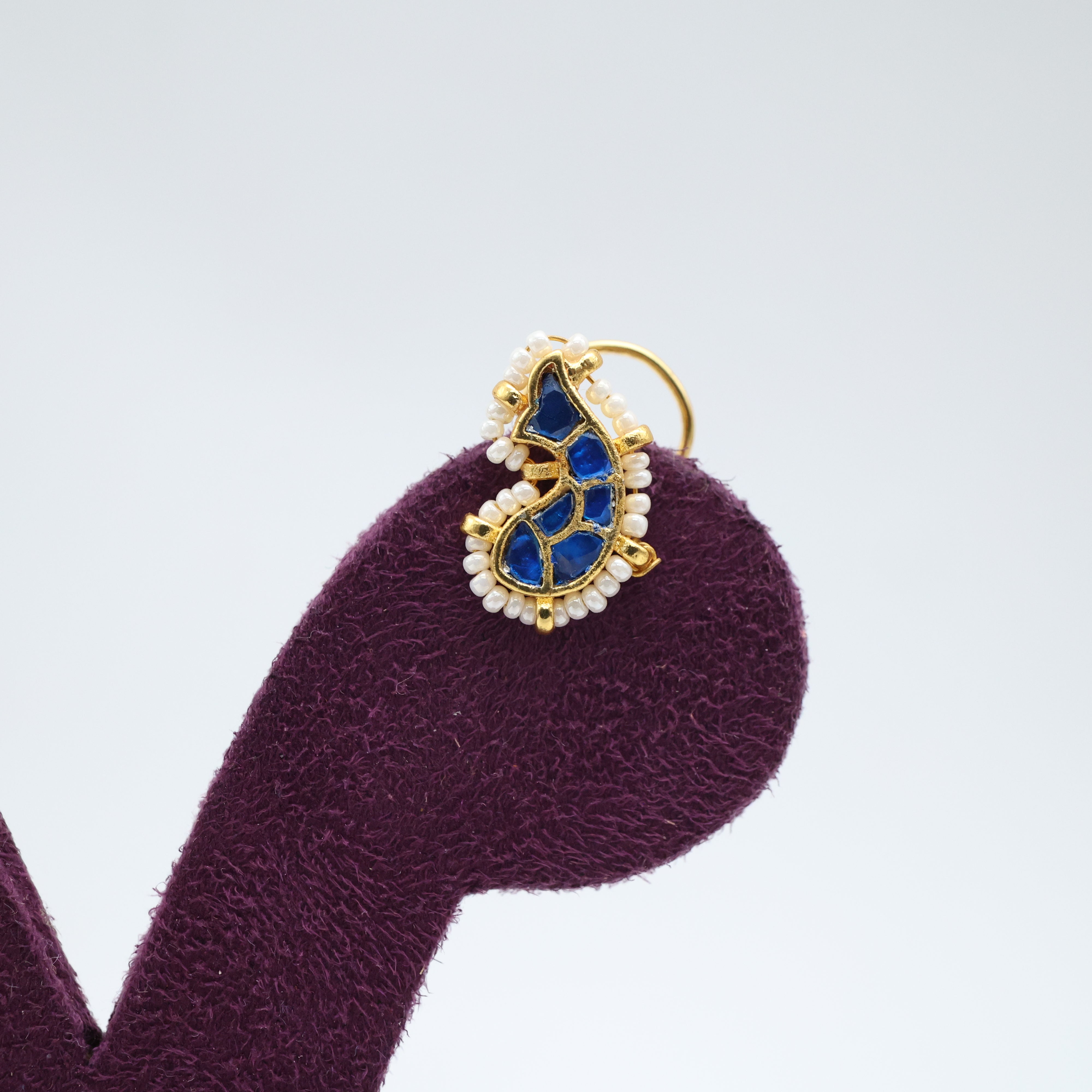 Premium Pachi Kundan Meen Wired Nosepin/Nath - Blue