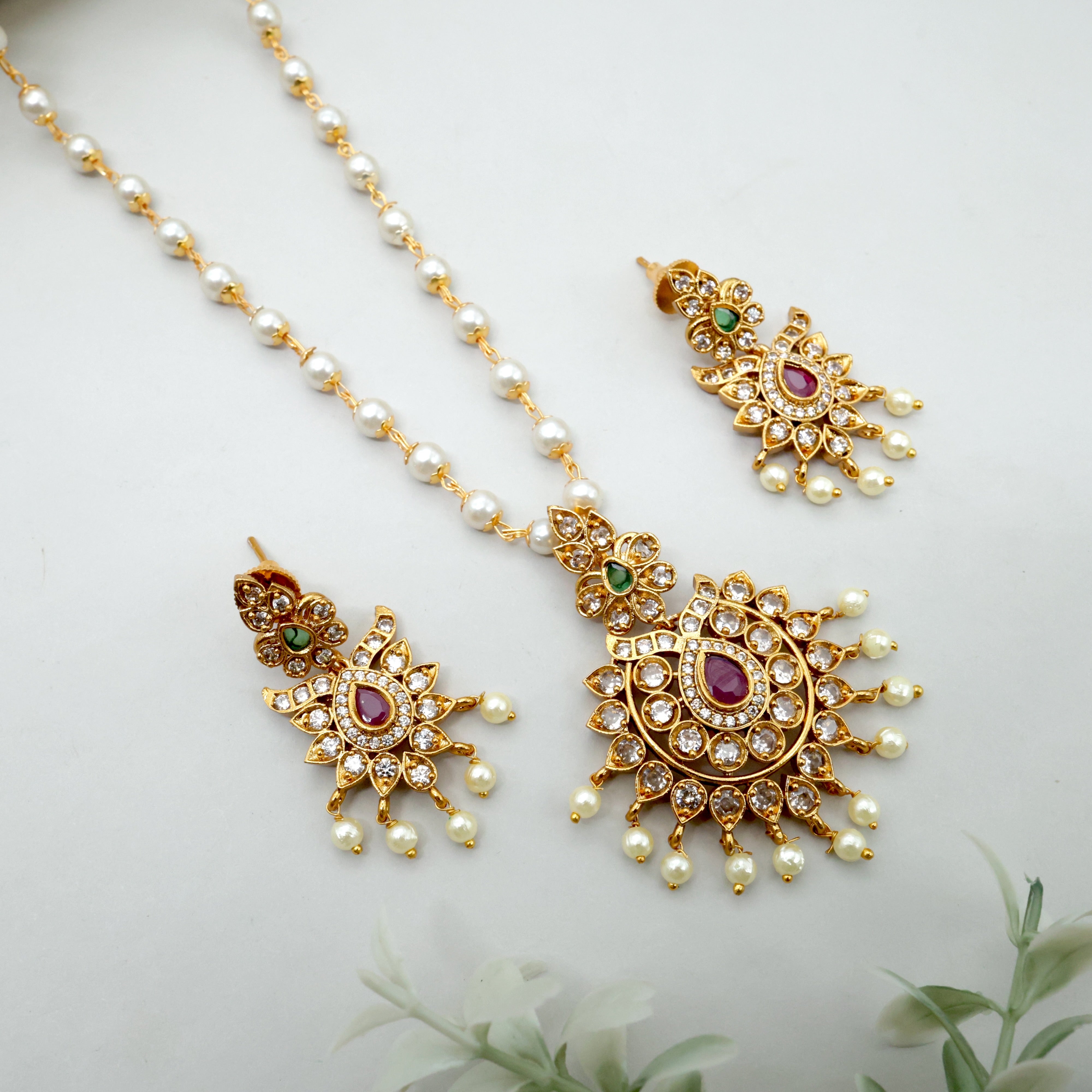 AD Thilak Flower Single Line Pearl Mala Necklace Set