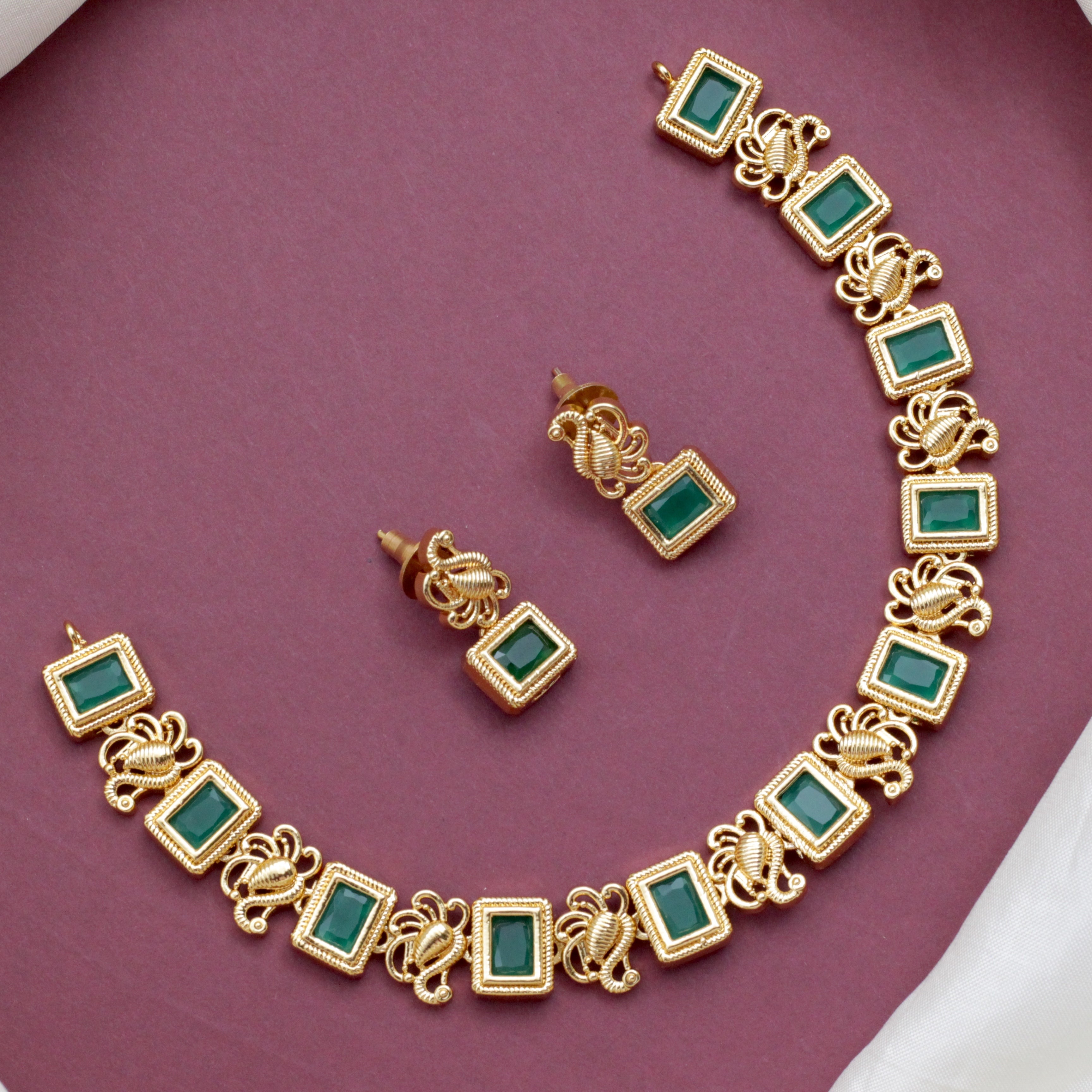 Antique Gold Kids Friendly Rectangle Stone Designer Necklace - Emerald