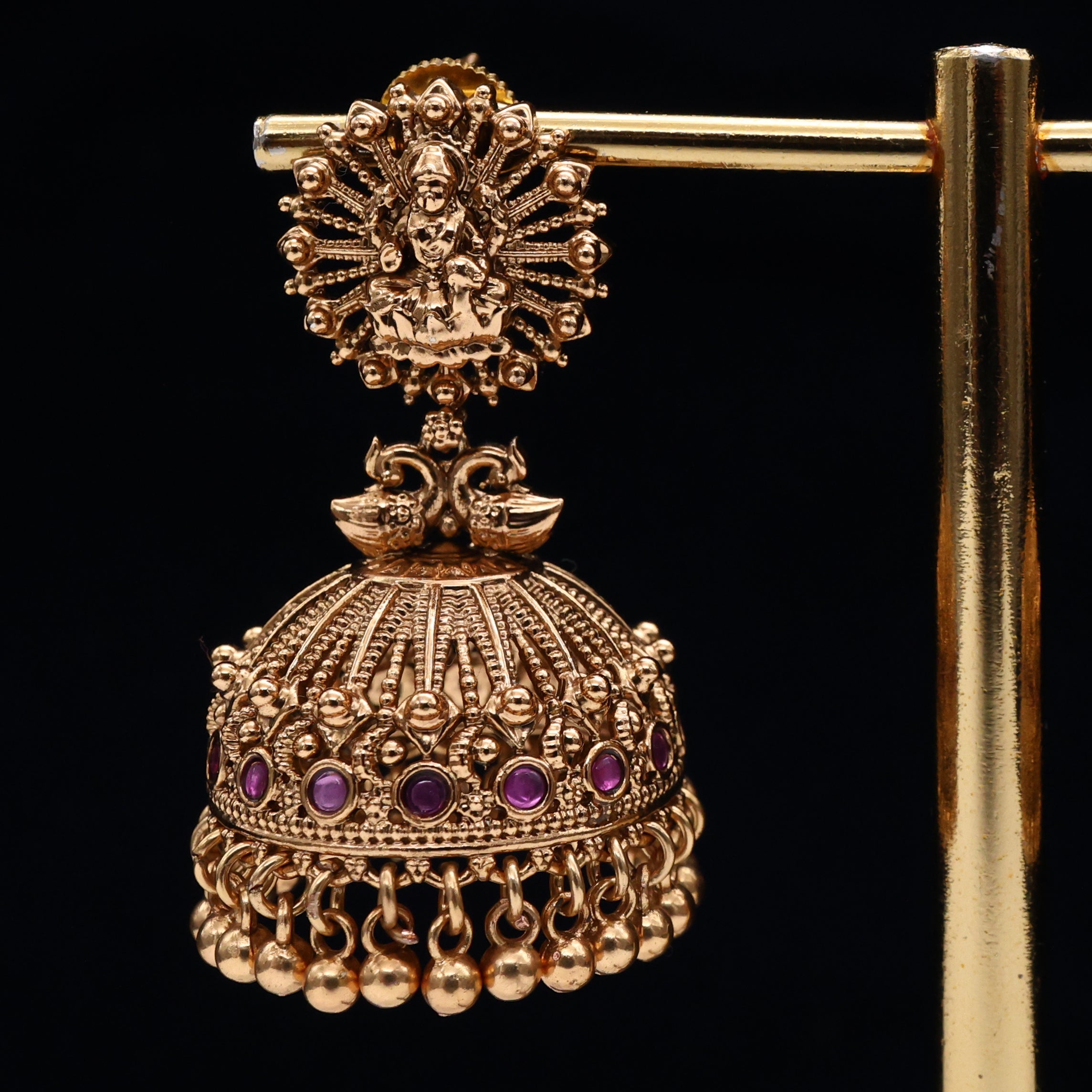 Premium Antique Nagas Rettapakshi Lakshmi Bridal Jhumkas - Ruby