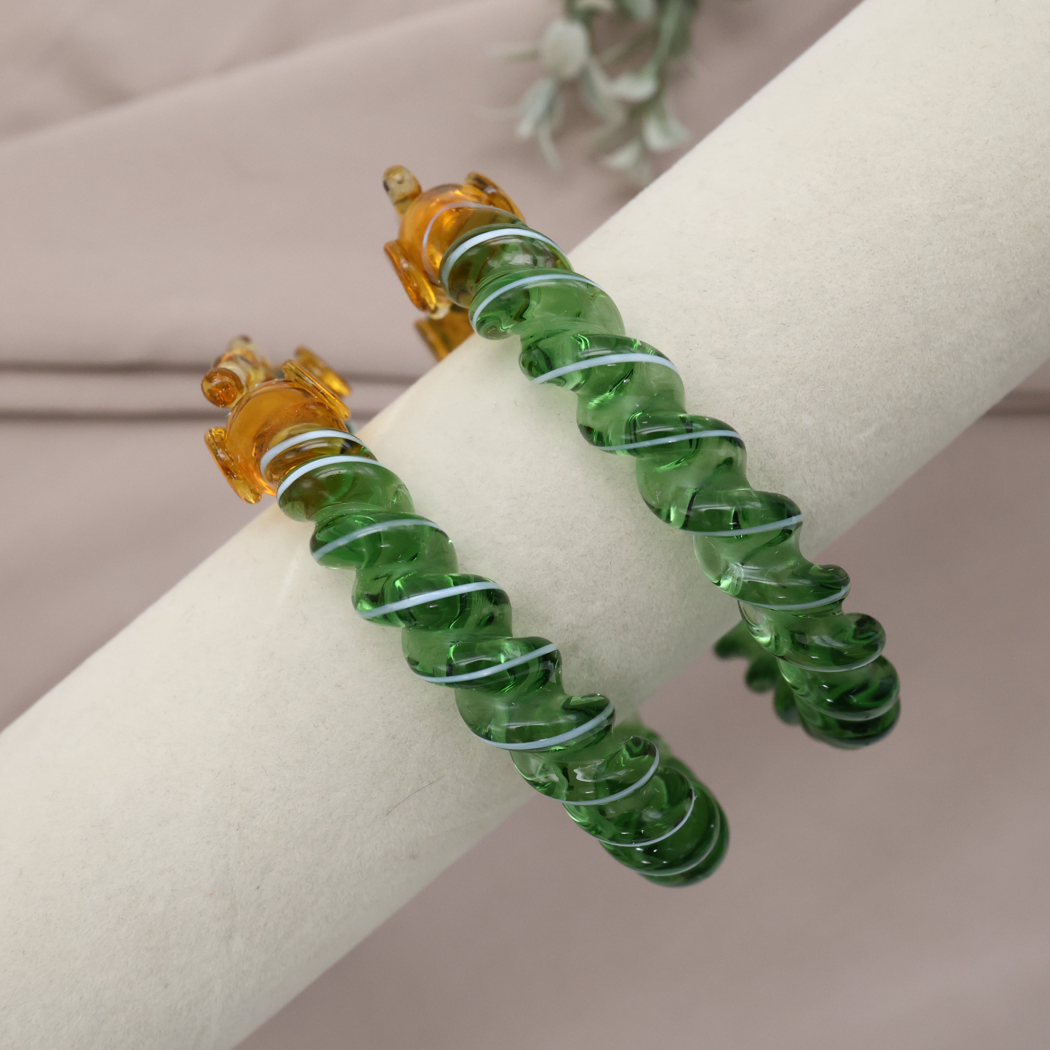 Gold Elephants Spiral Glass Kada (Single Piece) Green - 2.8