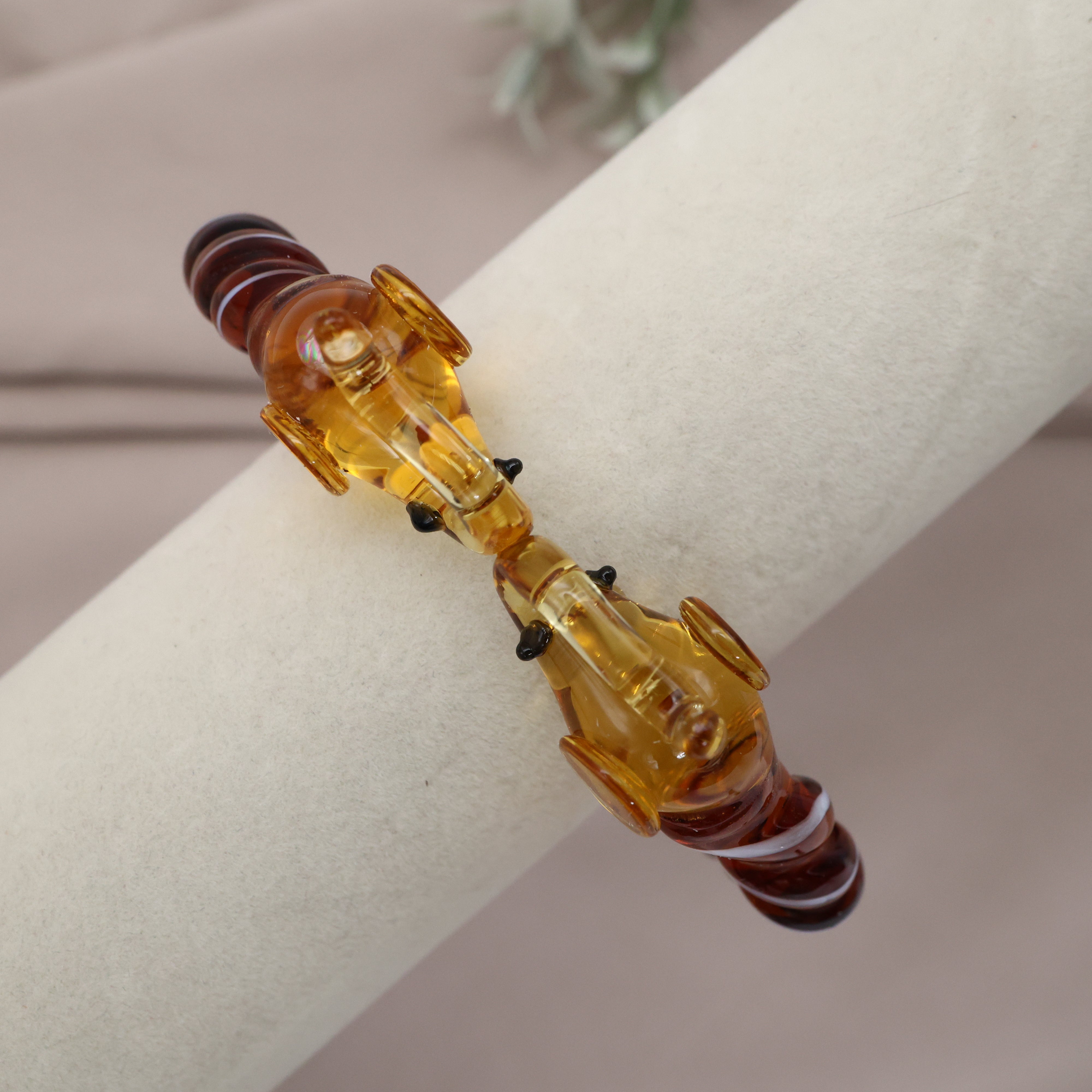 Gold Elephants Spiral Glass Kada (Single Piece) Honey - 2.8