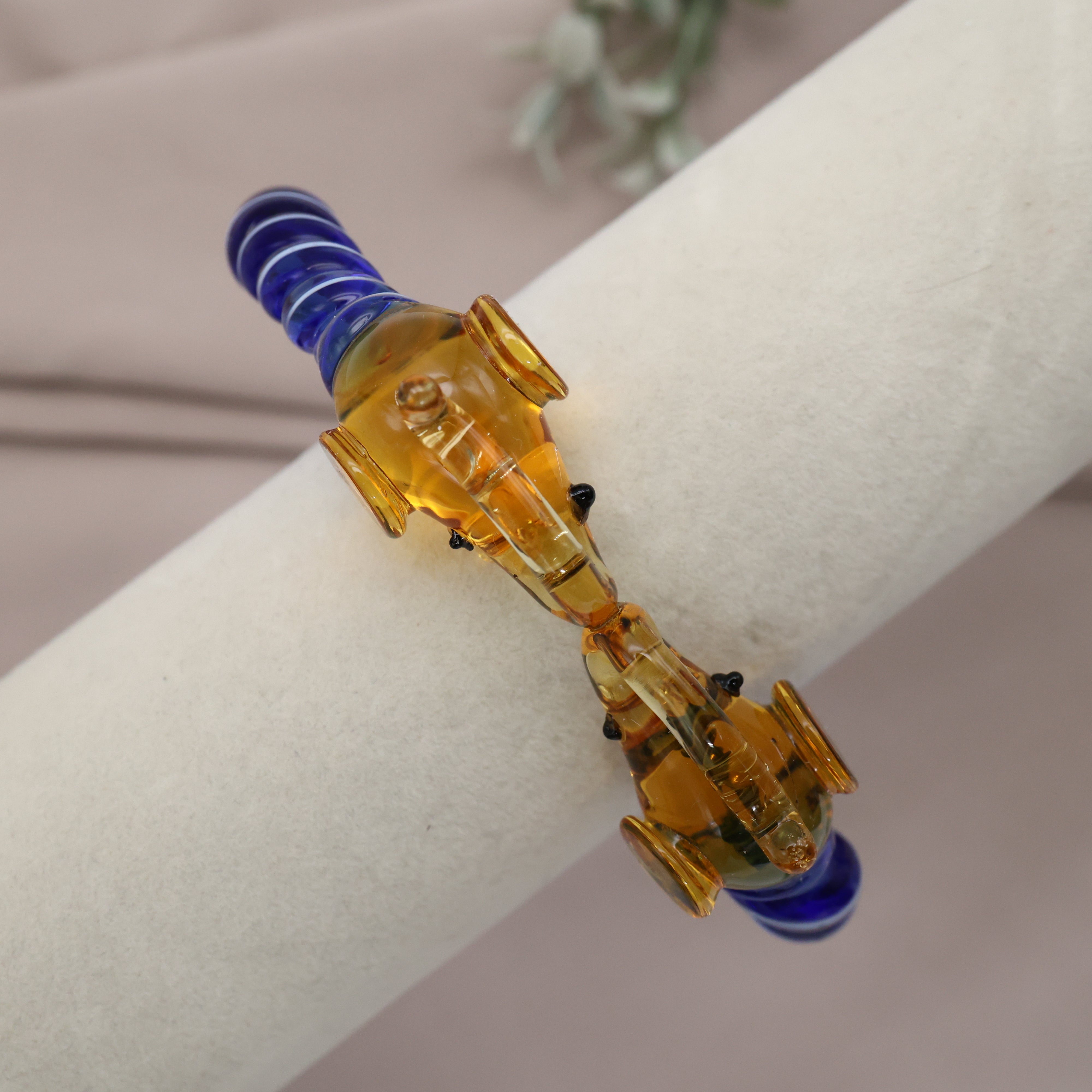 Gold Elephants Spiral Glass Kada (Single Piece) Blue - 2.8