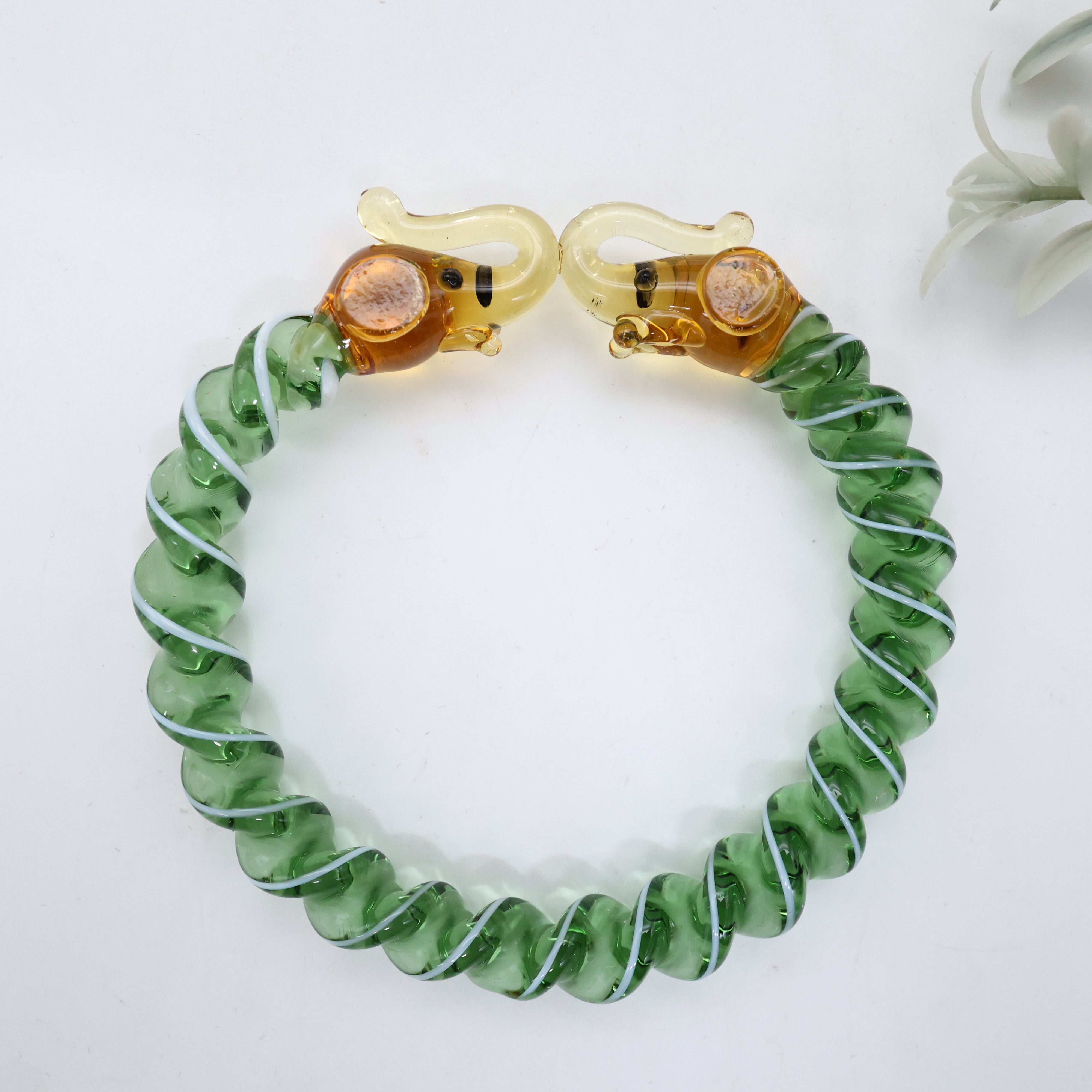Gold Elephants Spiral Glass Kada (Single Piece) Green - 2.8