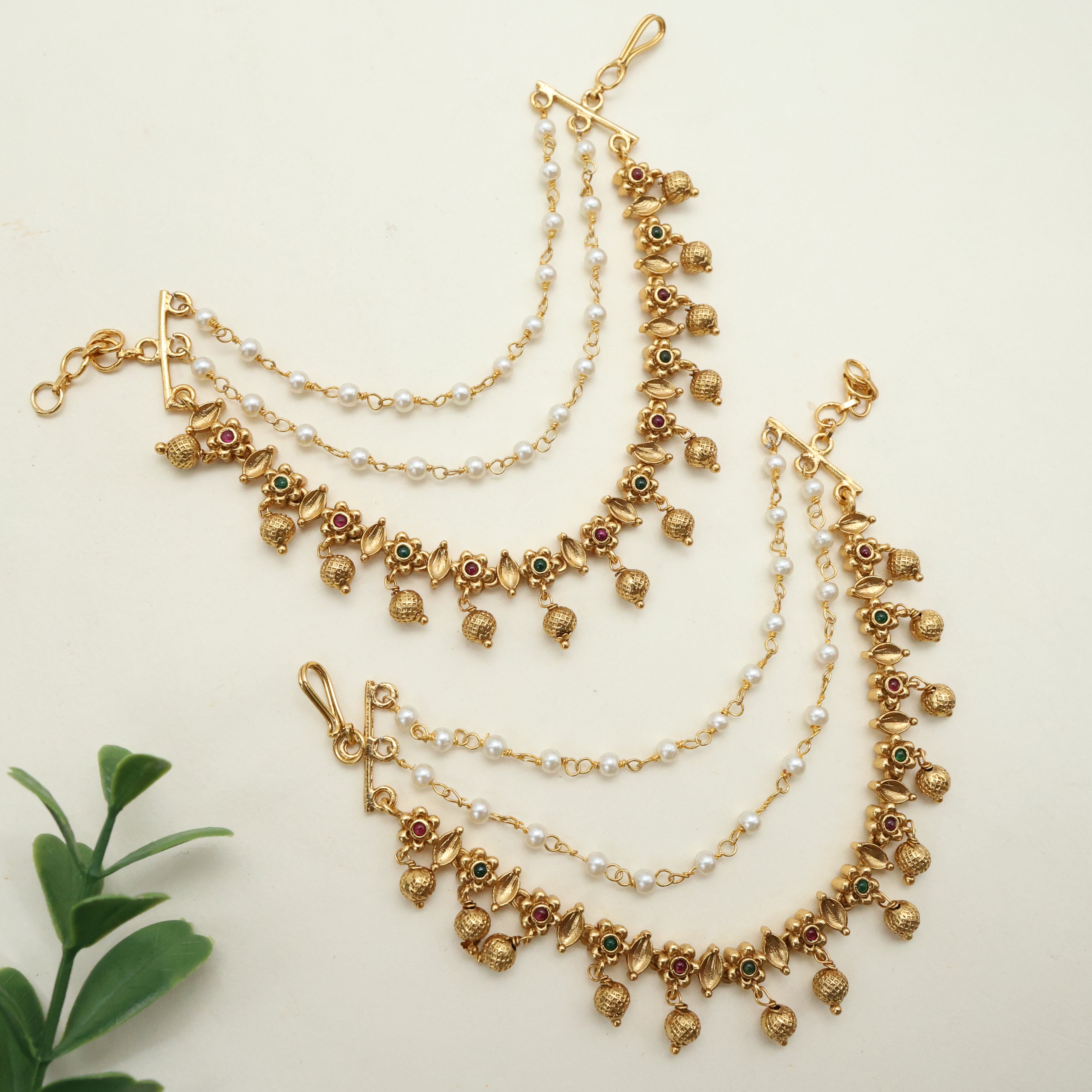 ANTIQUE NAGAS SMALL KEMP FLOWER GOLD BALLS 3 LAYER BRIDAL EAR CHAIN/MAATAL