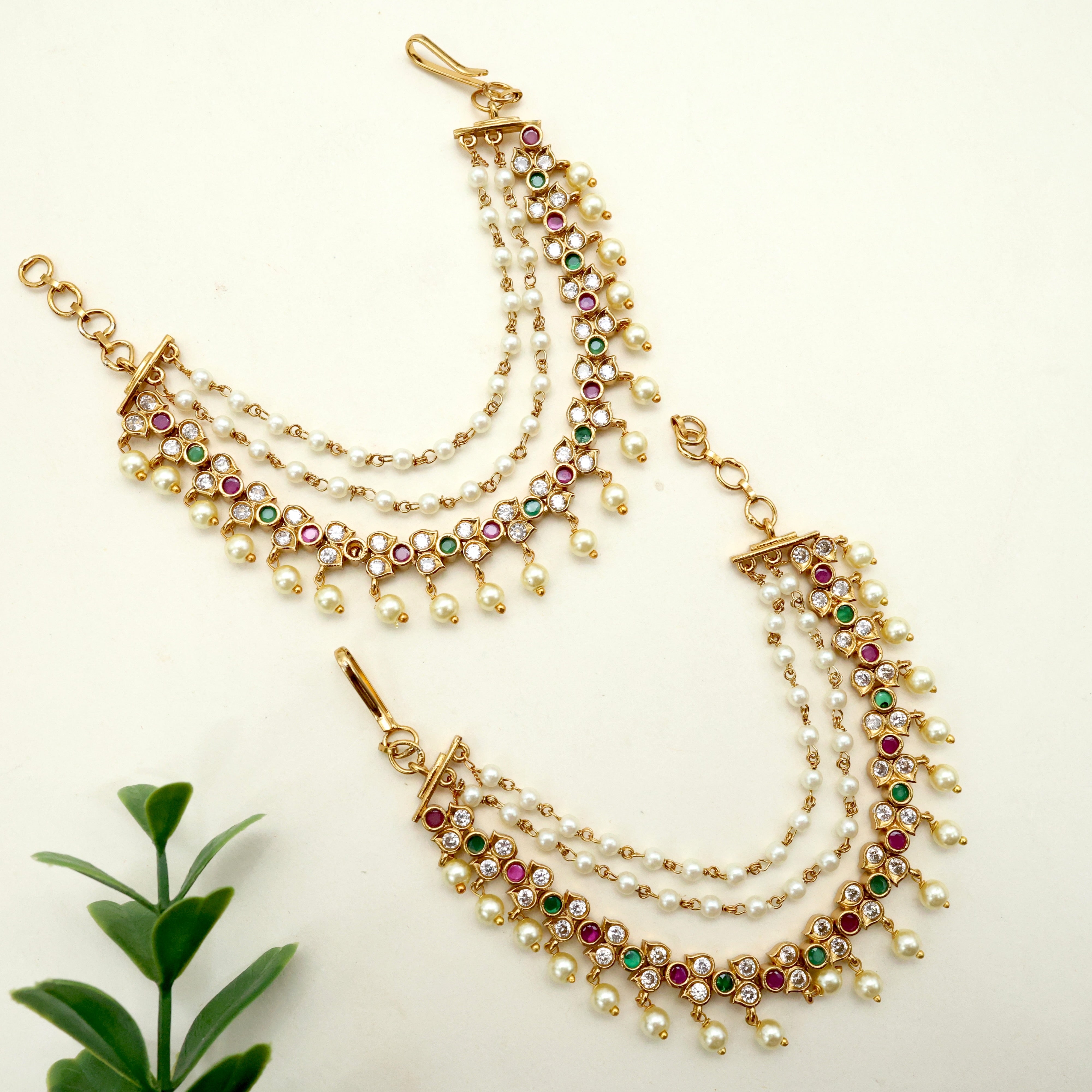 ANTQIUE AD 3 LAYER DOUBLE LEAF BRIDAL EAR CHAIN/MAATAL