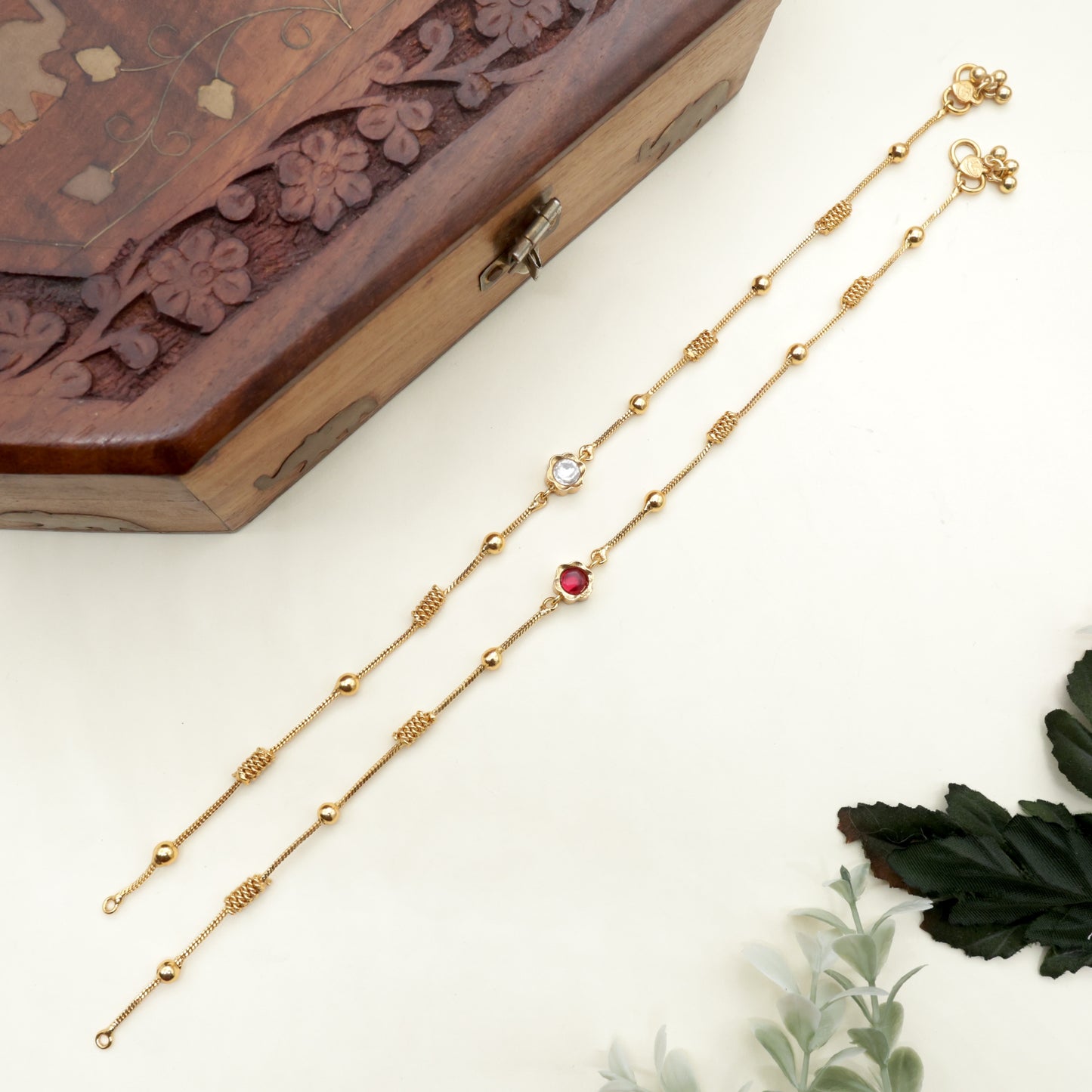 Antique Gold Spiral Balls 2 in 1 Stone Flower Anklets/Payal - Ruby & White