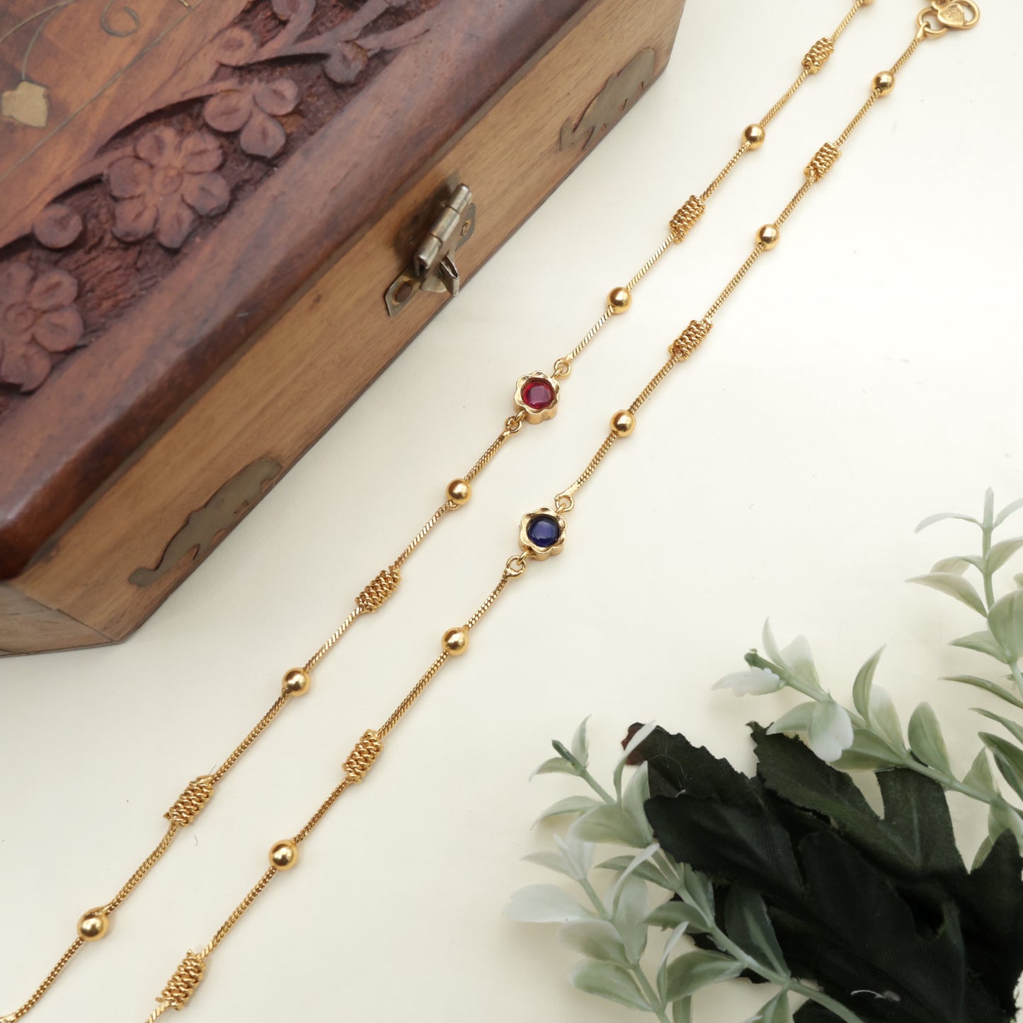 Antique Gold Spiral Balls 2 in 1 Stone Flower Anklets/Payal - Ruby & Blue