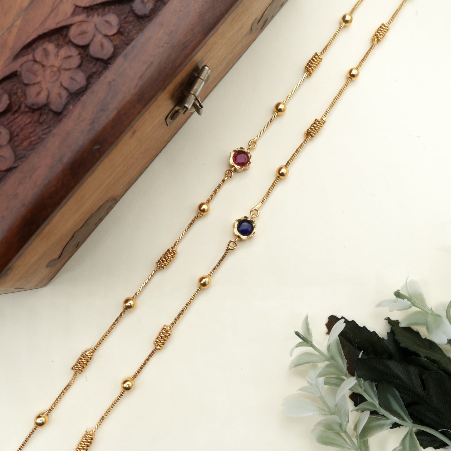 Antique Gold Spiral Balls 2 in 1 Stone Flower Anklets/Payal - Ruby & Blue