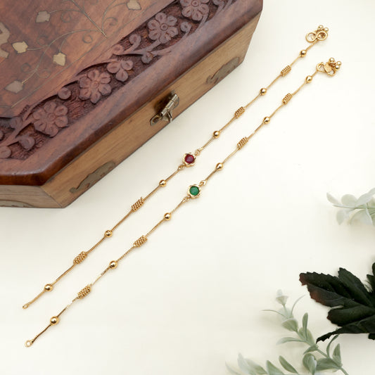 Antique Gold Spiral Balls 2 in 1 Stone Flower Anklets/Payal - Ruby & Green