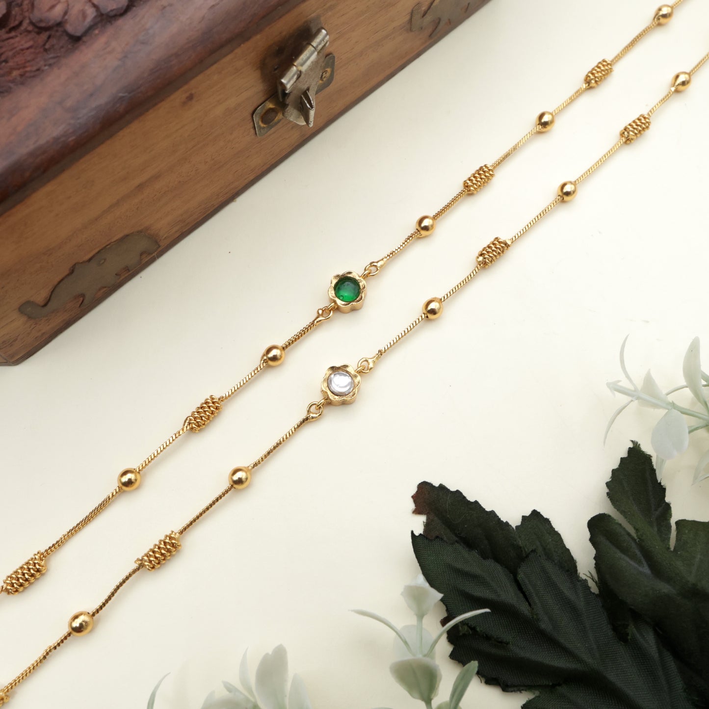 Antique Gold Spiral Balls 2 in 1 Stone Flower Anklets/Payal - White & Green