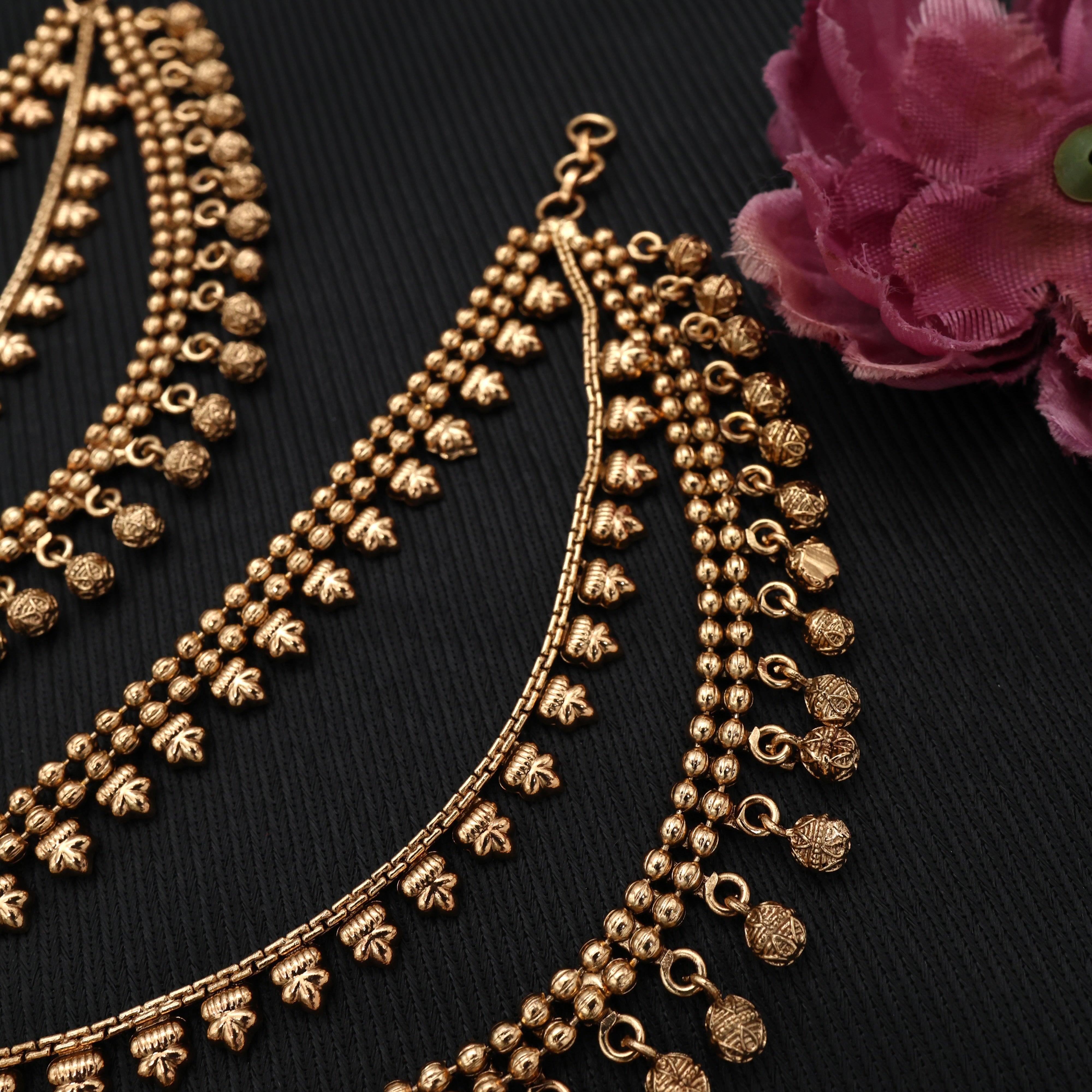 Gold Look Antique 3 Layer Thick Flower Buds Bridal Maatal/Kaan Chain