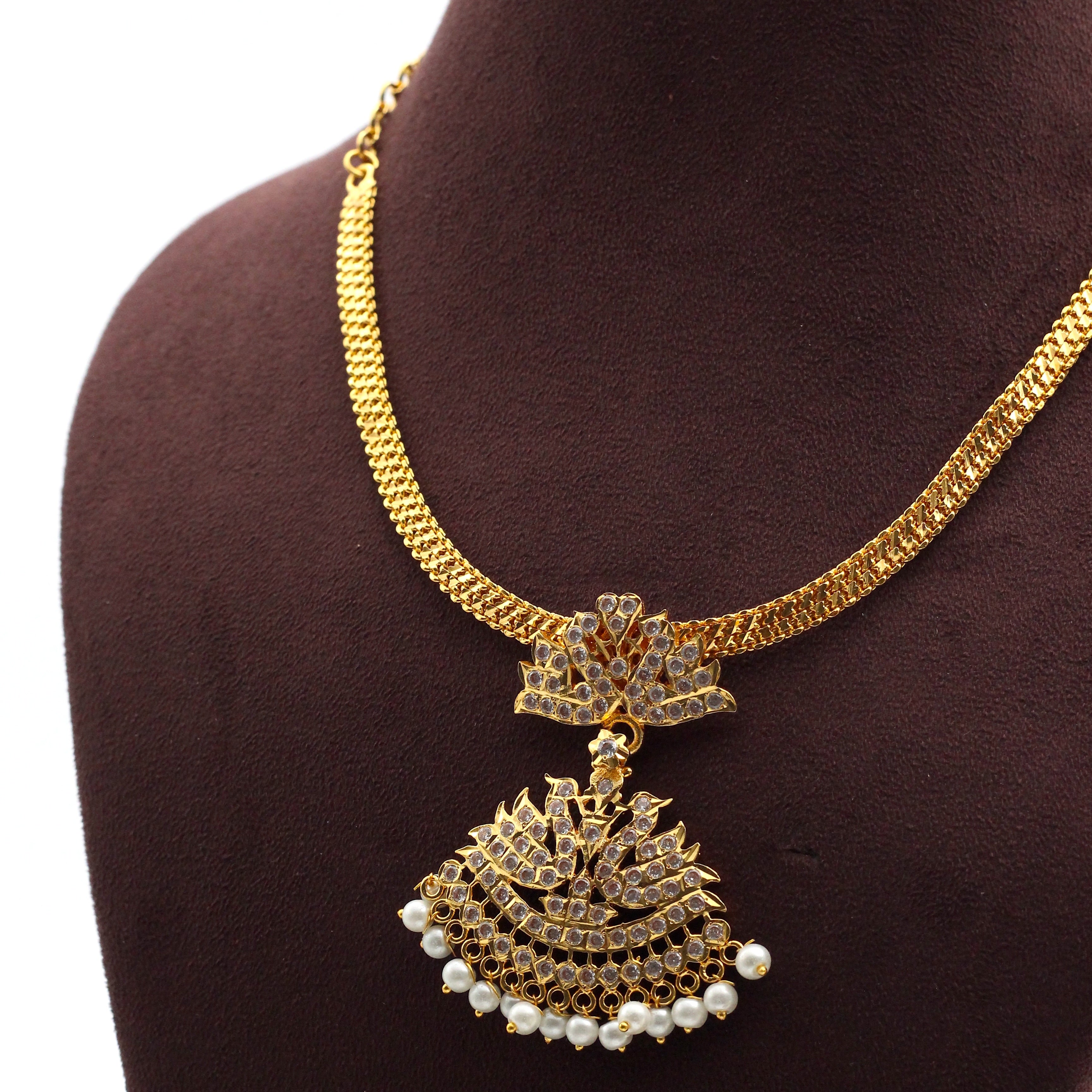 Real Gold Tone AD Rettapakshi Traditional Pendant Attigai Necklace