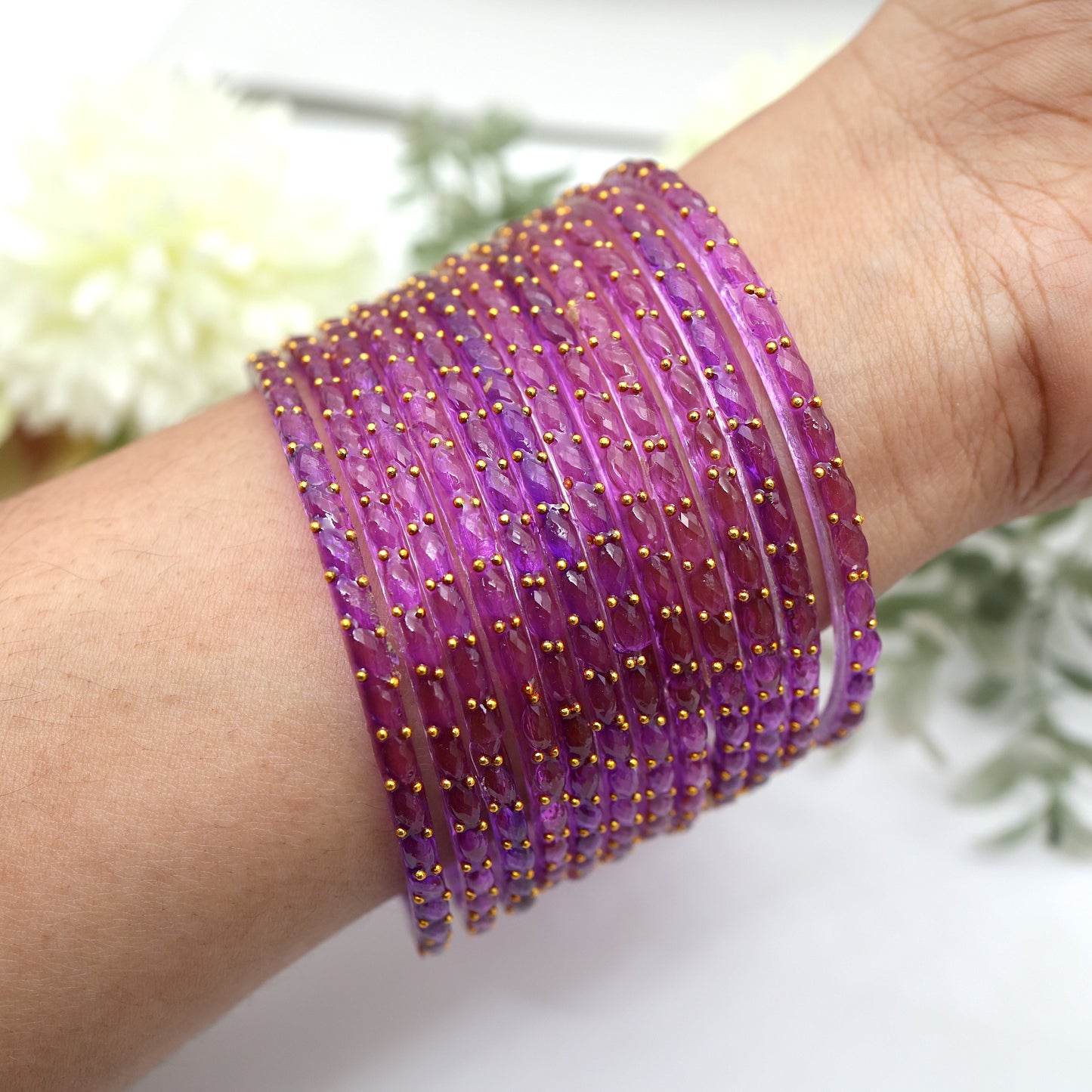 Raindrop Crystal Cut Glass Bangles - Purple