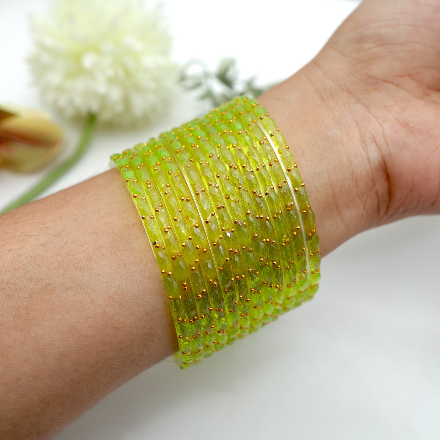 Raindrop Crystal Cut Glass Bangles - Parrot Green