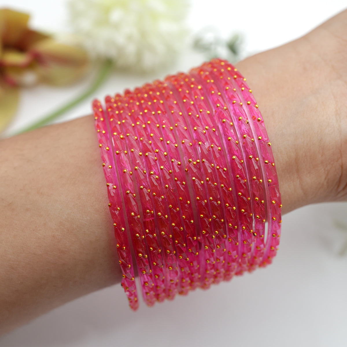 Spring Bangles Raindrop Crystal Cut Glass Bangles - Hot Pink