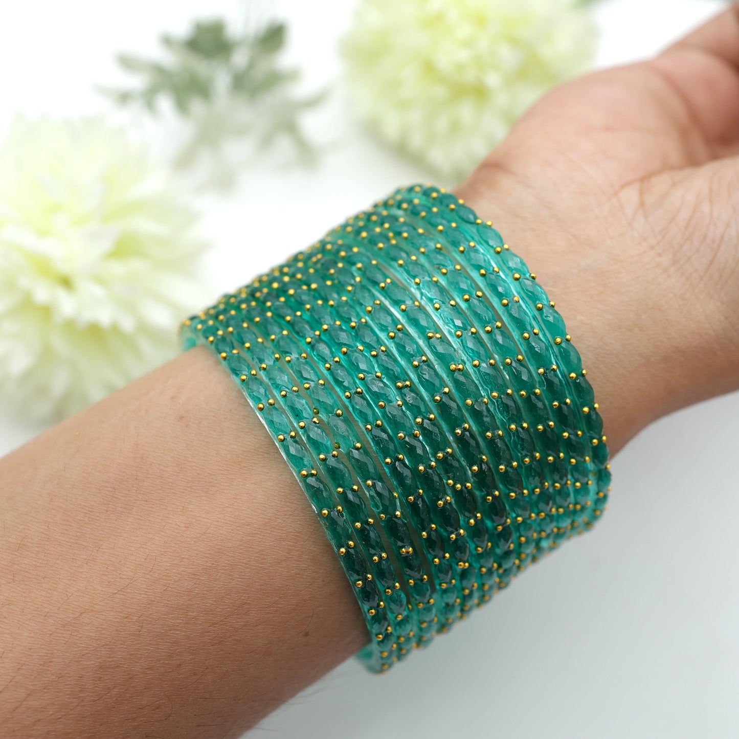 Raindrop Crystal Cut Glass Bangles - Aqua Green