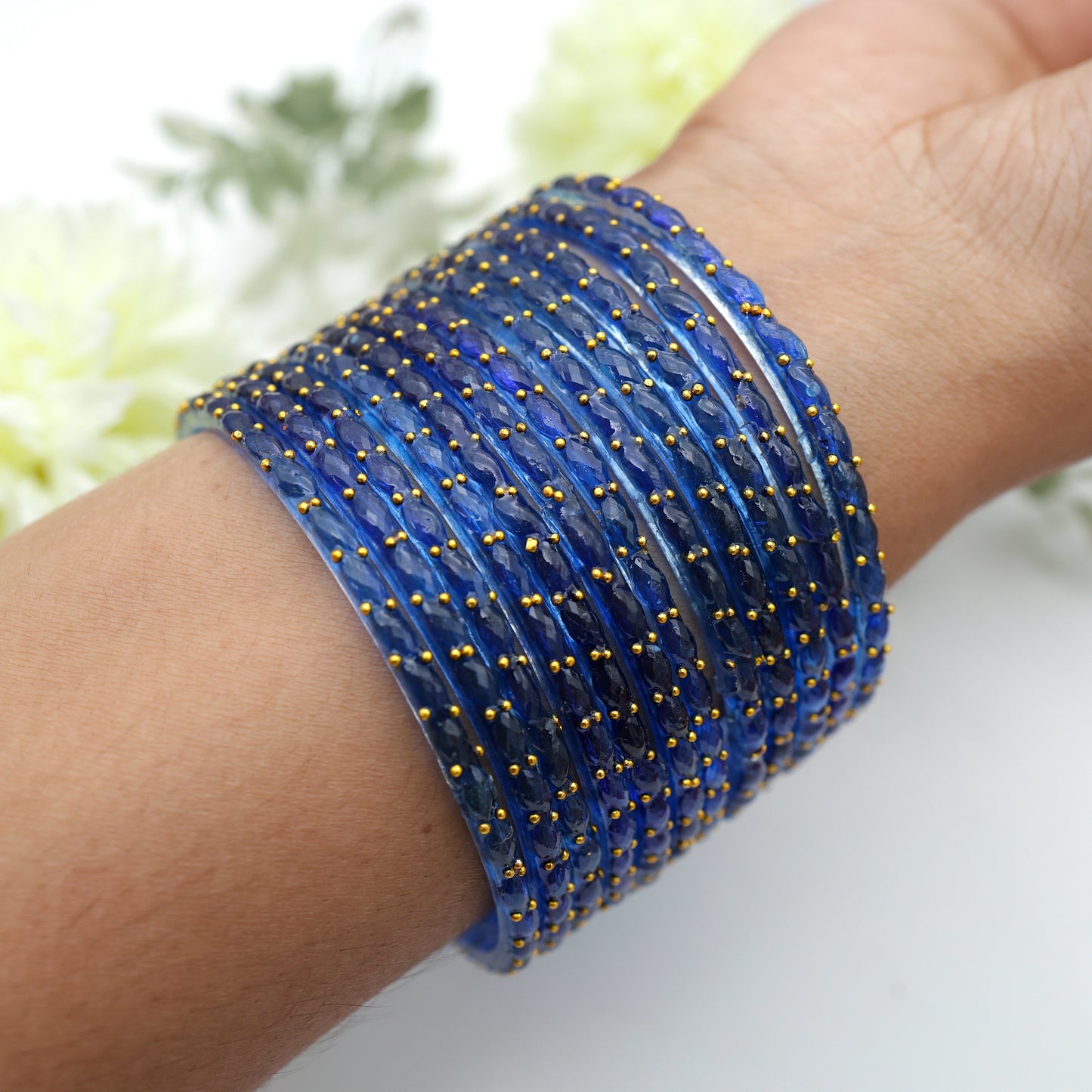 Raindrop Crystal Cut Glass Bangles - Blue